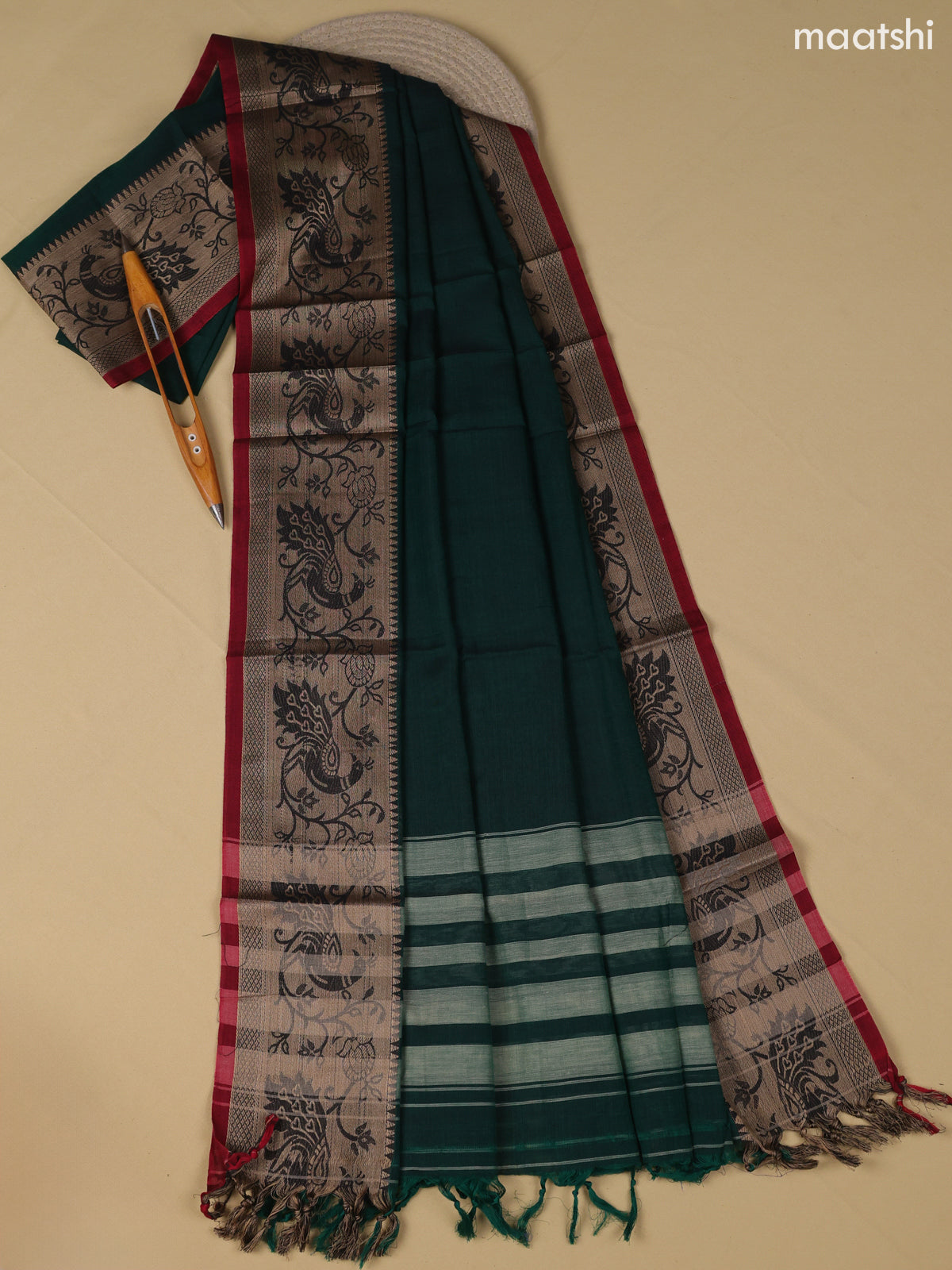 Green Narayanpet Cotton Dress Material With Plain Body & Thread Woven Border