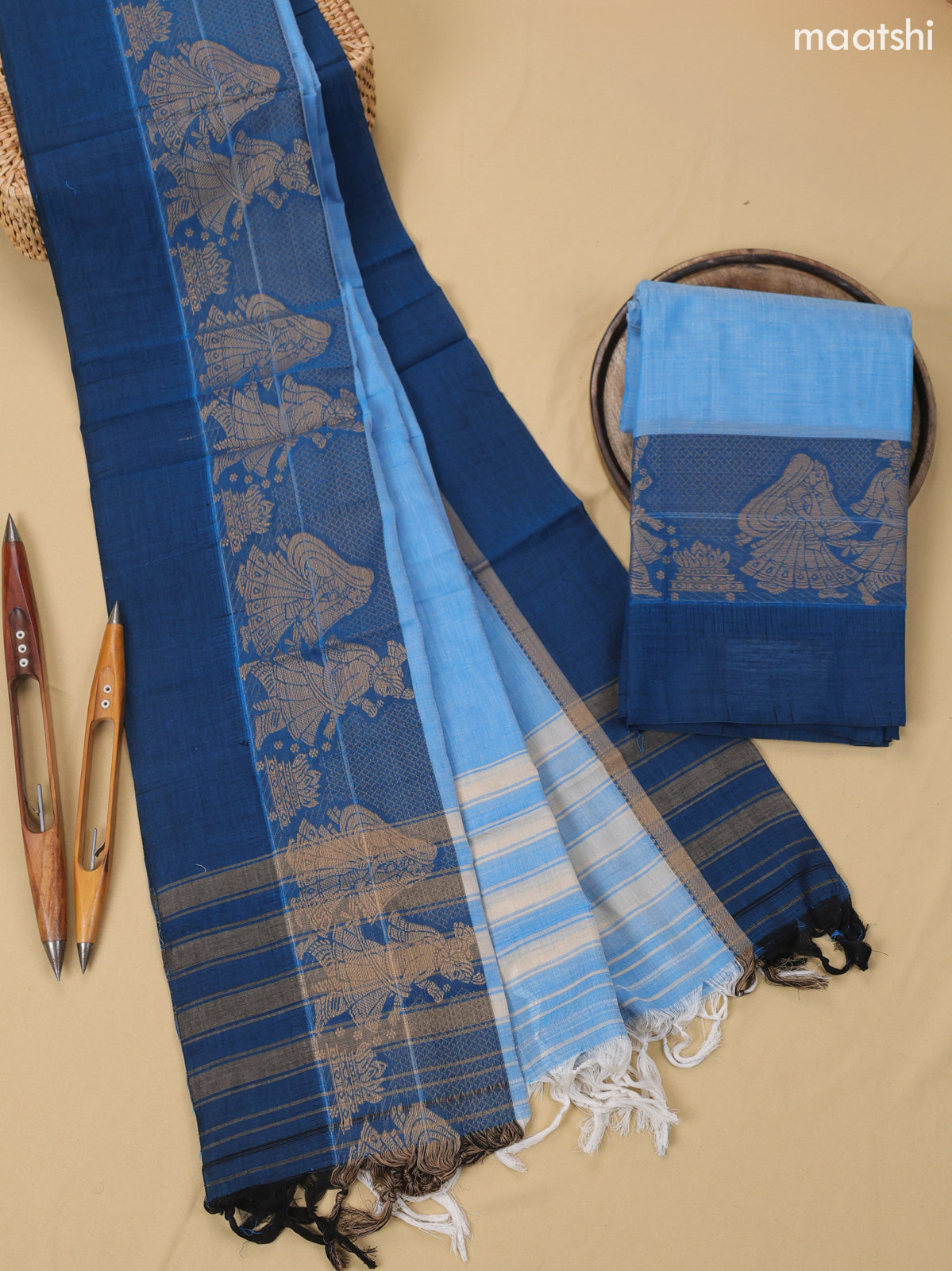 Teal Blue Narayanpet Cotton Dress Material With Plain Body & Thread Woven Border