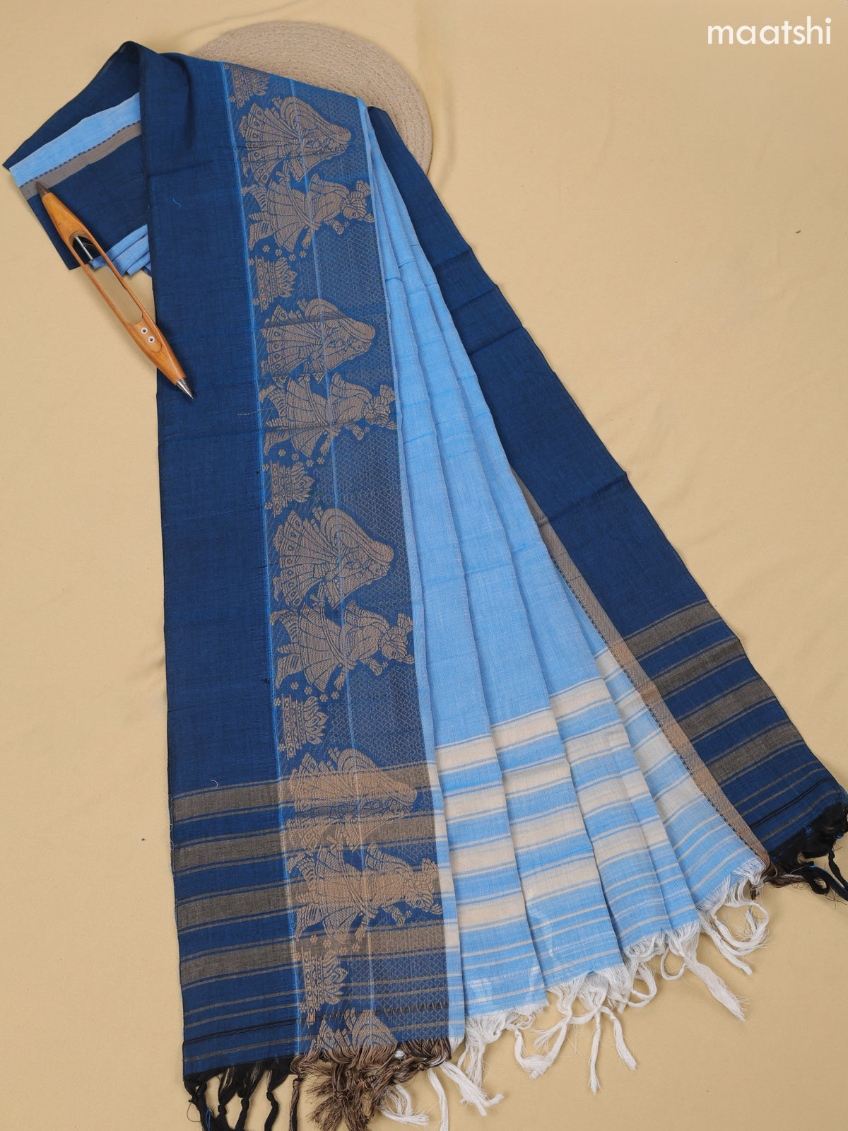 Teal Blue Narayanpet Cotton Dress Material With Plain Body & Thread Woven Border