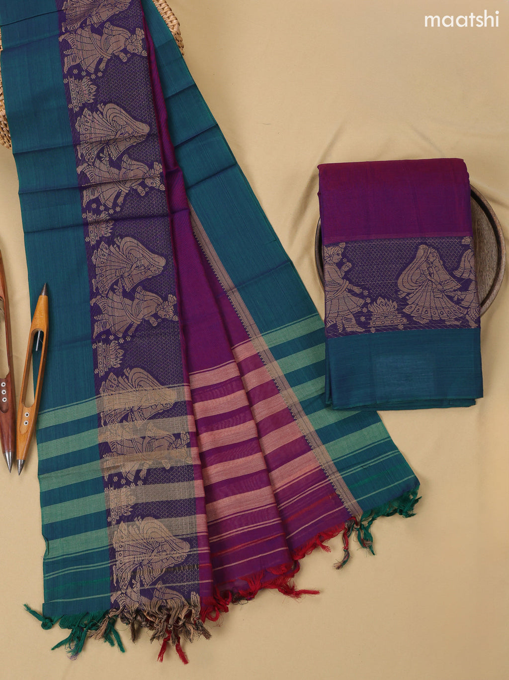 Magenta Pink Narayanpet Cotton Dress Material With Plain Body & Thread Woven Border