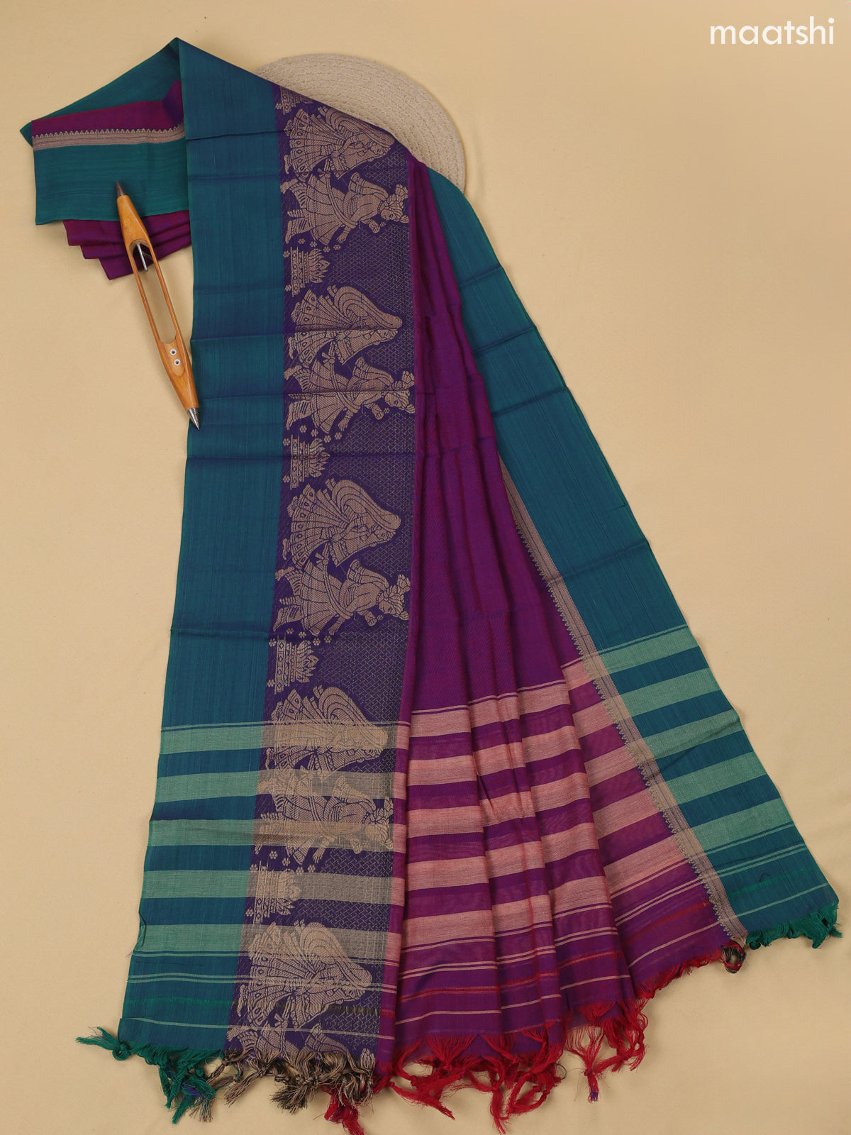 Magenta Pink Narayanpet Cotton Dress Material With Plain Body & Thread Woven Border