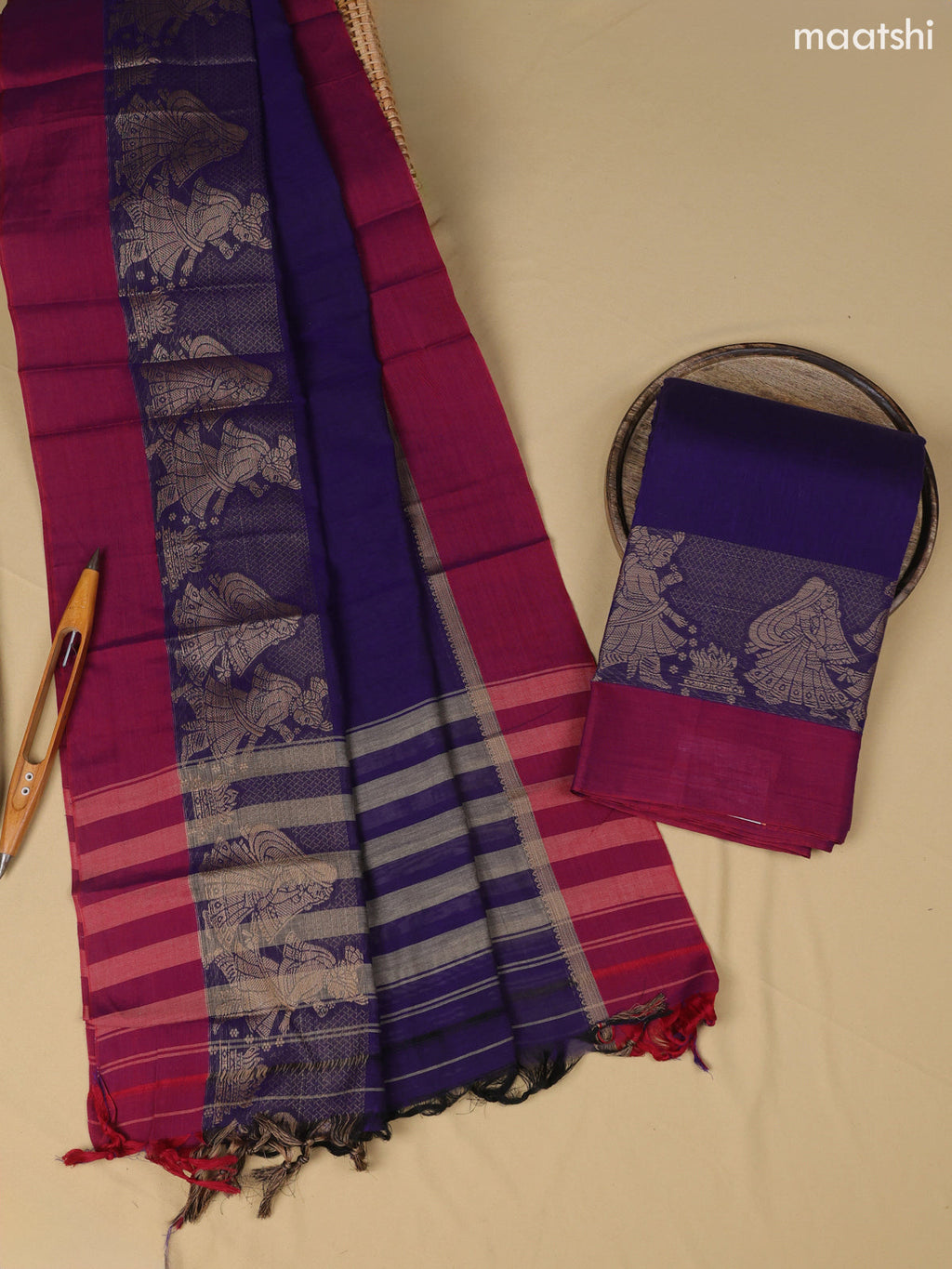 Deep Violet Narayanpet Cotton Dress Material With Plain Body & Thread Woven Border