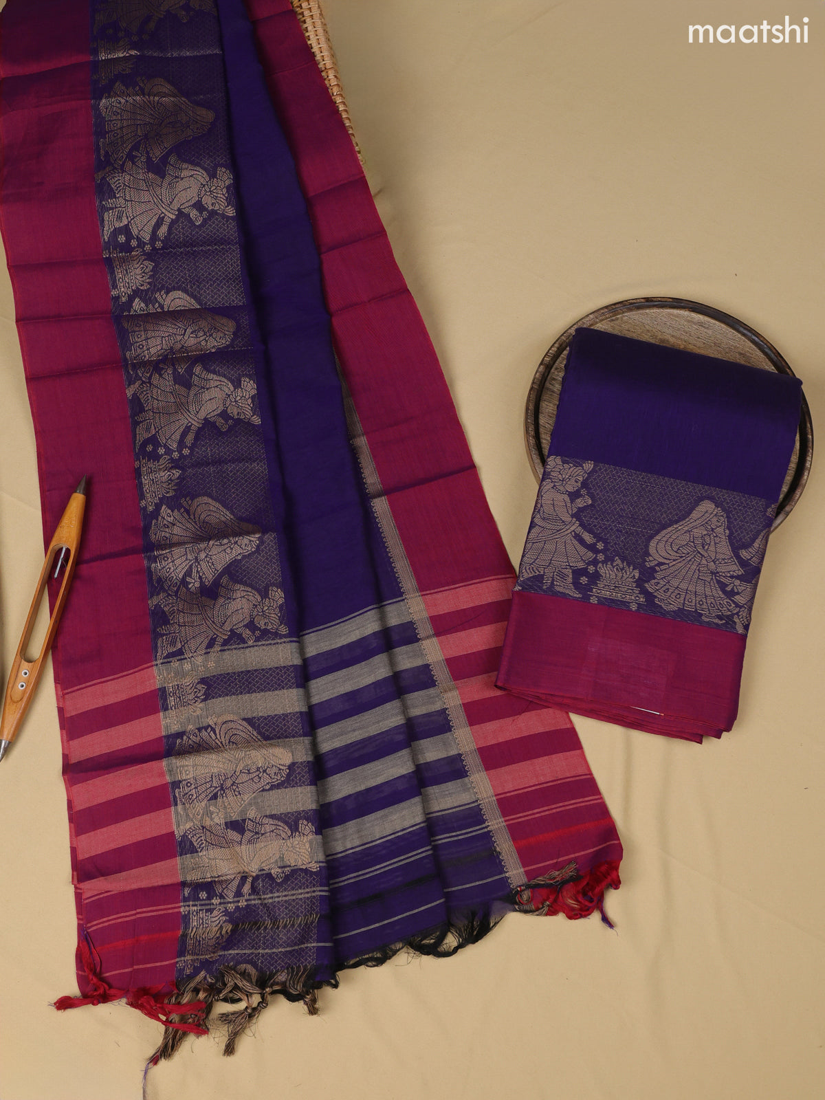 Deep Violet Narayanpet Cotton Dress Material With Plain Body & Thread Woven Border