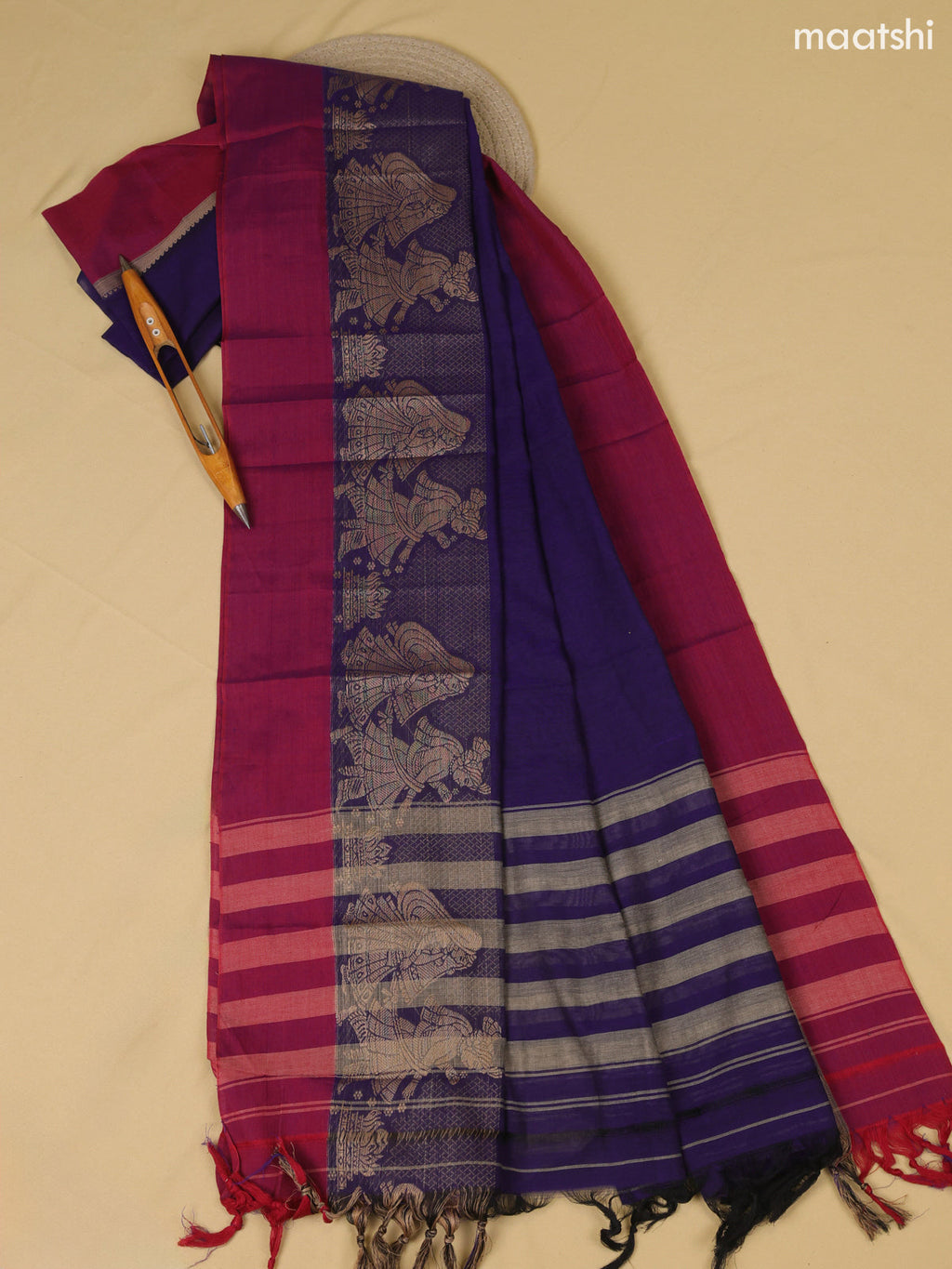 Deep Violet Narayanpet Cotton Dress Material With Plain Body & Thread Woven Border