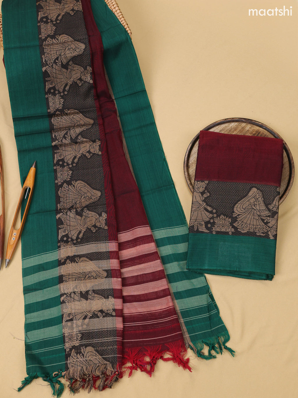 Maroon Narayanpet Cotton Dress Material With Plain Body & Thread Woven Border