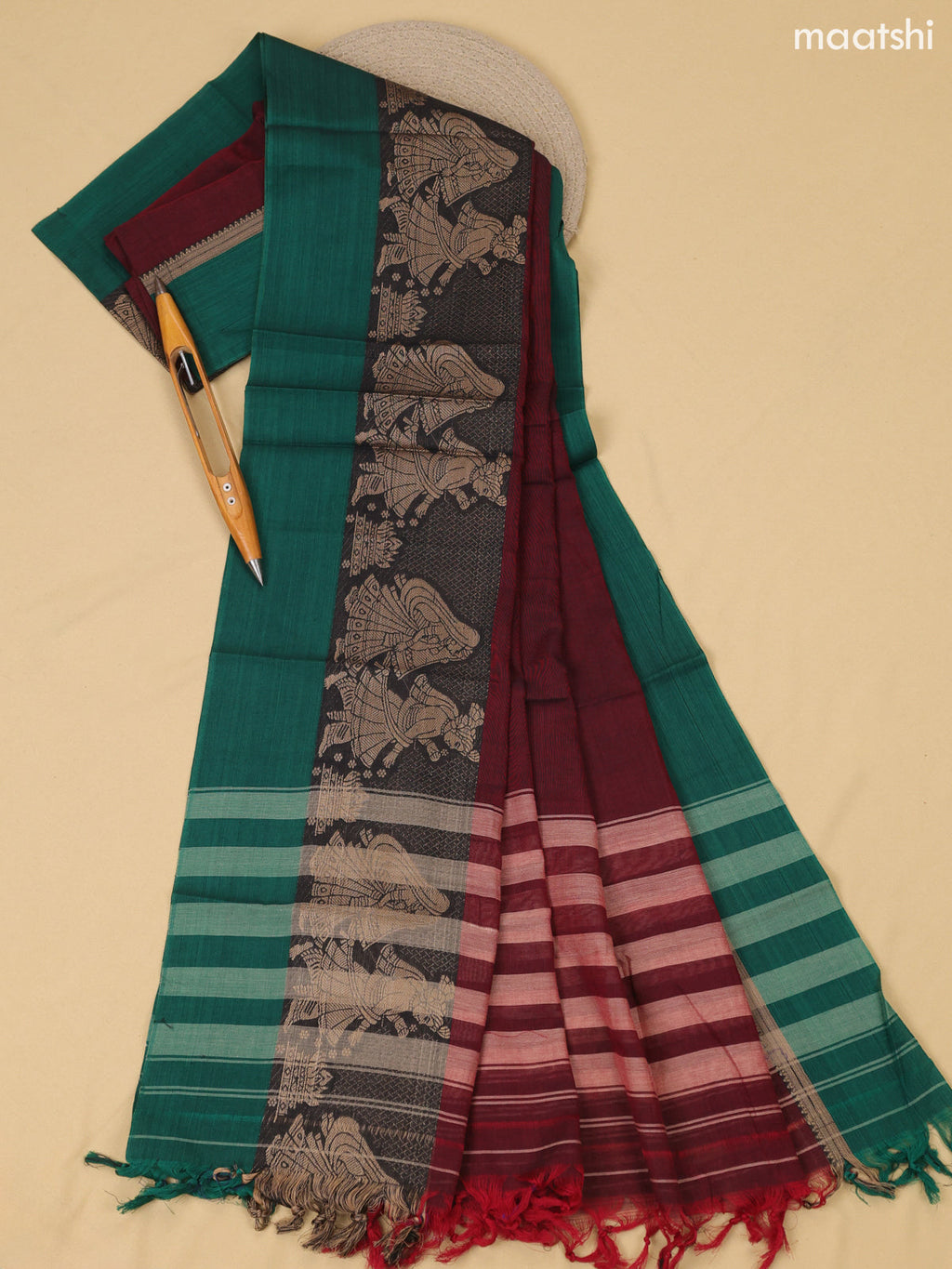 Maroon Narayanpet Cotton Dress Material With Plain Body & Thread Woven Border