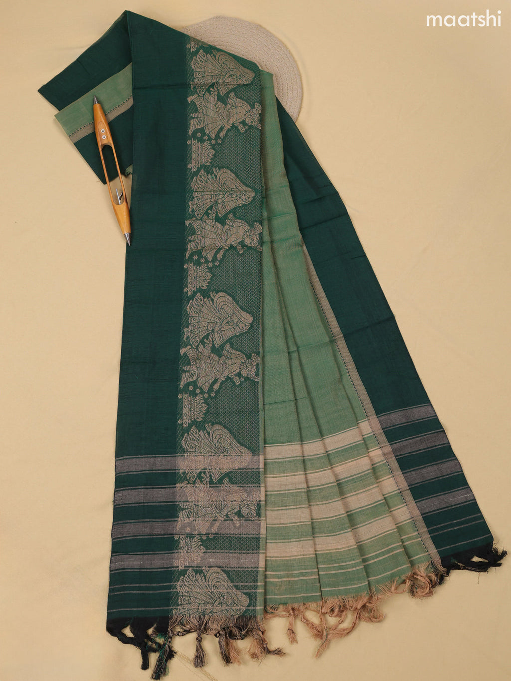 Green Narayanpet Cotton Dress Material With Plain Body & Thread Woven Border