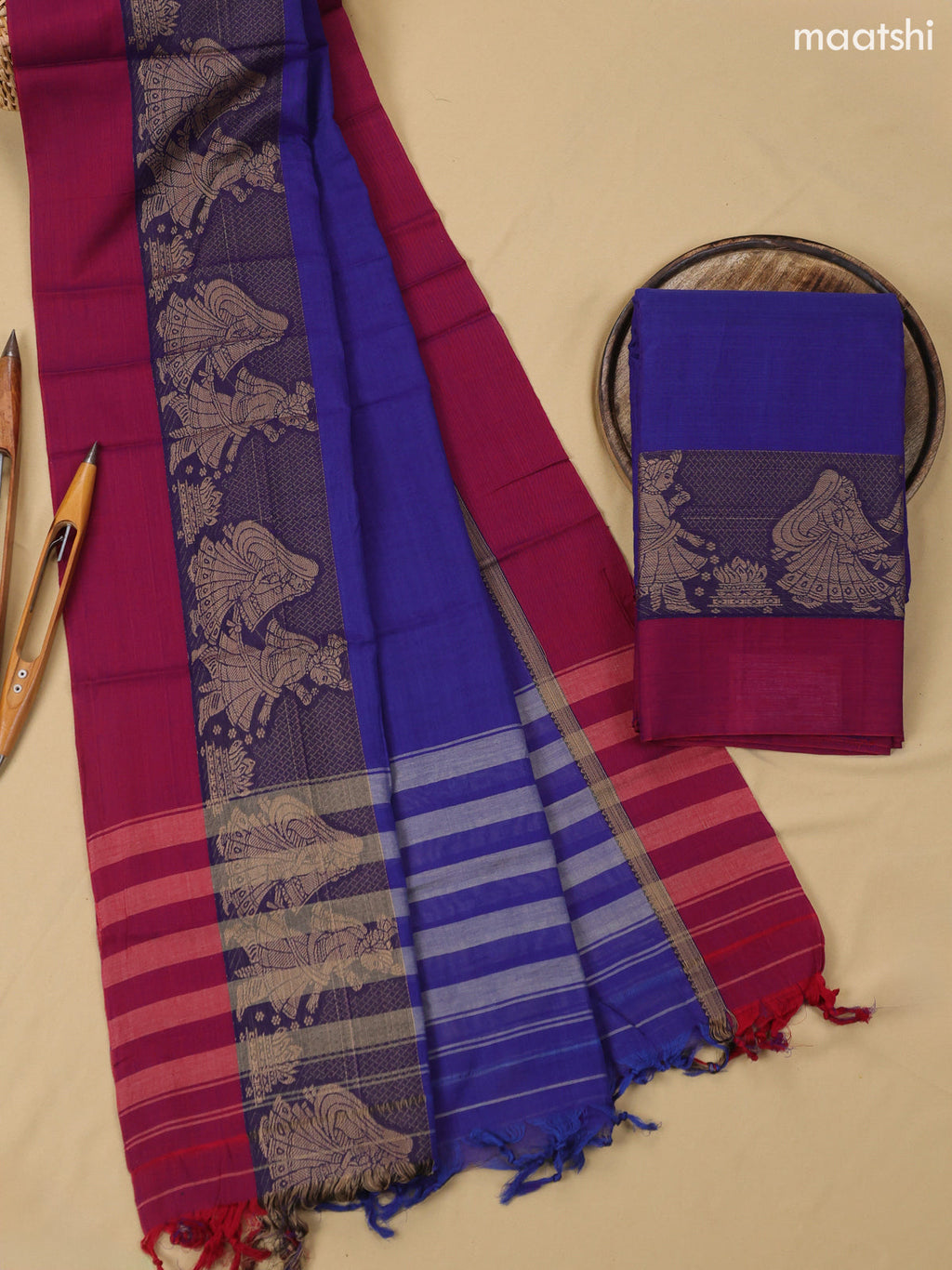 Blue Narayanpet Cotton Dress Material With Plain Body & Thread Woven Border