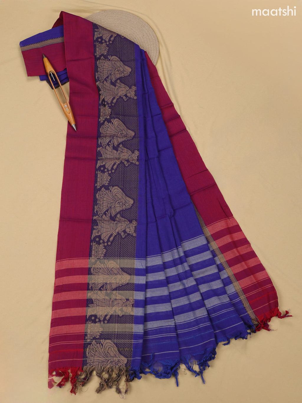 Blue Narayanpet Cotton Dress Material With Plain Body & Thread Woven Border
