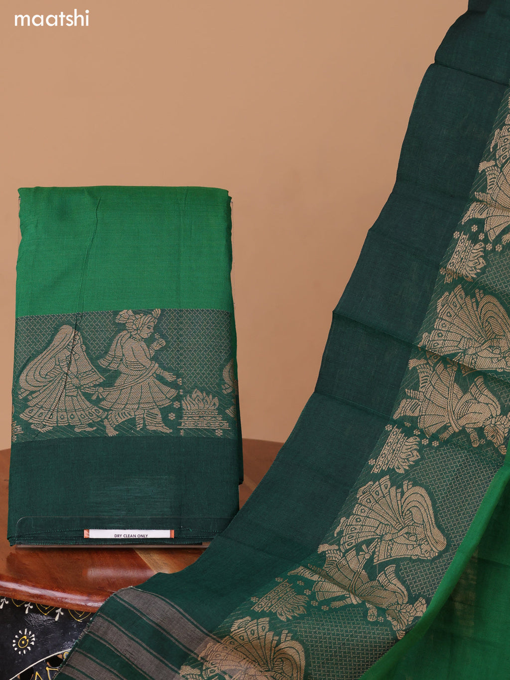 Green Narayanpet Cotton Dress Material With Plain Body & Thread Woven Border and Running Bottom & Duppata