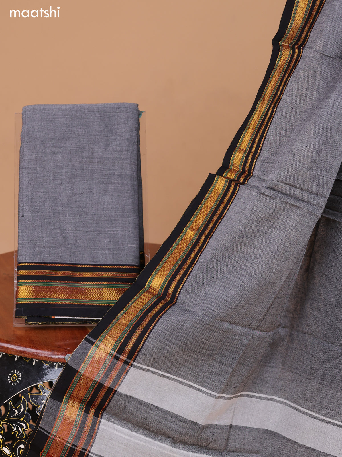 Grey and Black Narayanpet Cotton Dress Material With Plain Body & Thread Woven Border and Running Bottom & Duppata