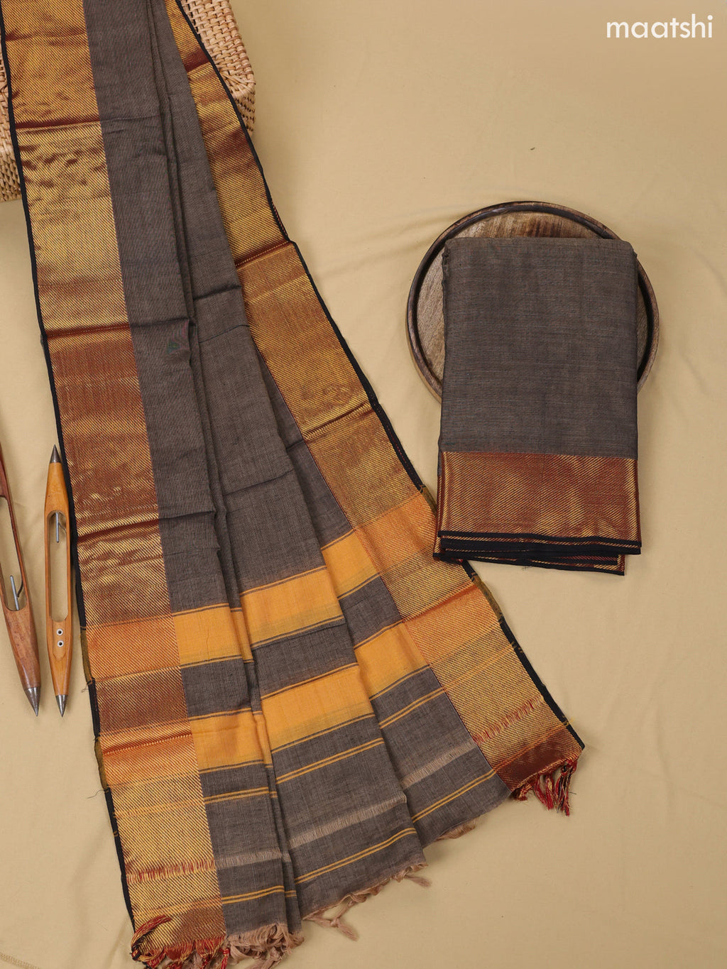 Grey and Black Narayanpet Cotton Dress Material With Plain Body & Thread Woven Border
