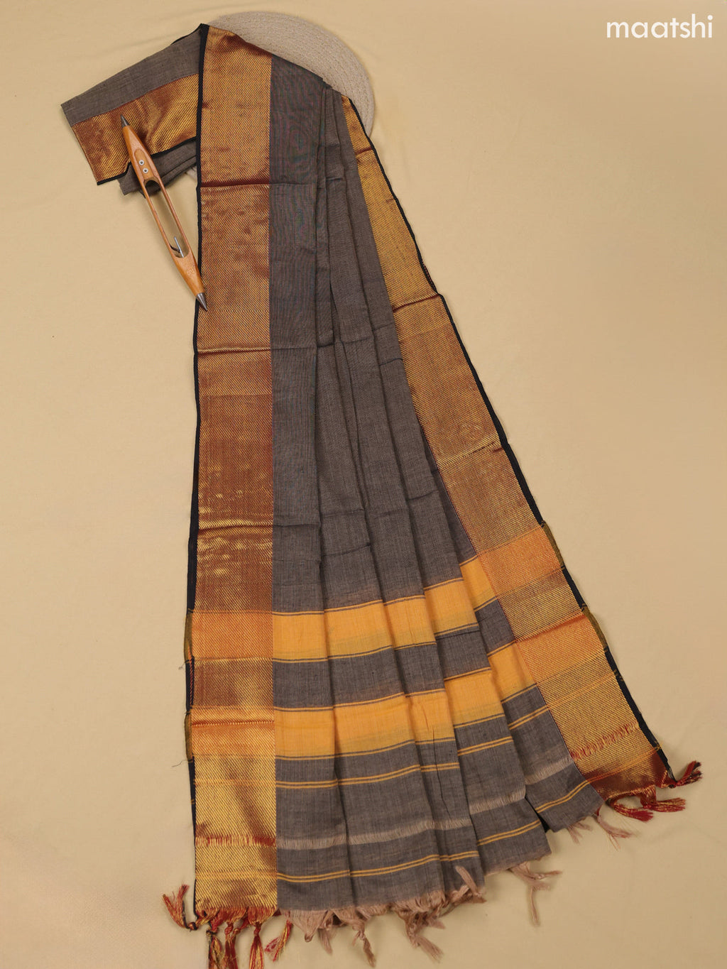 Grey and Black Narayanpet Cotton Dress Material With Plain Body & Thread Woven Border