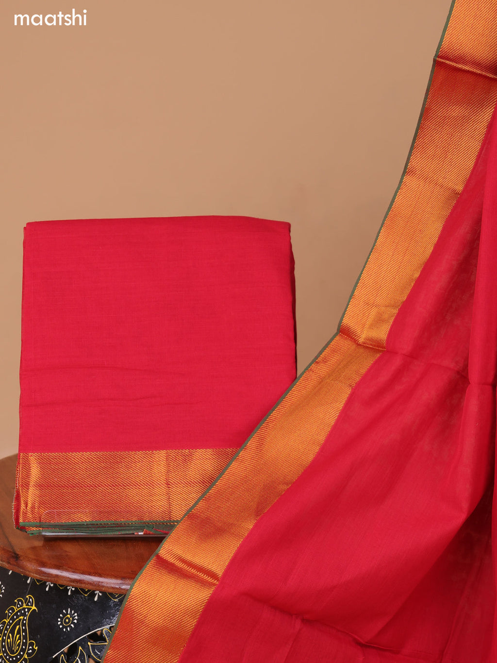 Red Narayanpet Cotton Dress Material With Plain Body & Thread Woven Border and Running Bottom & Duppata