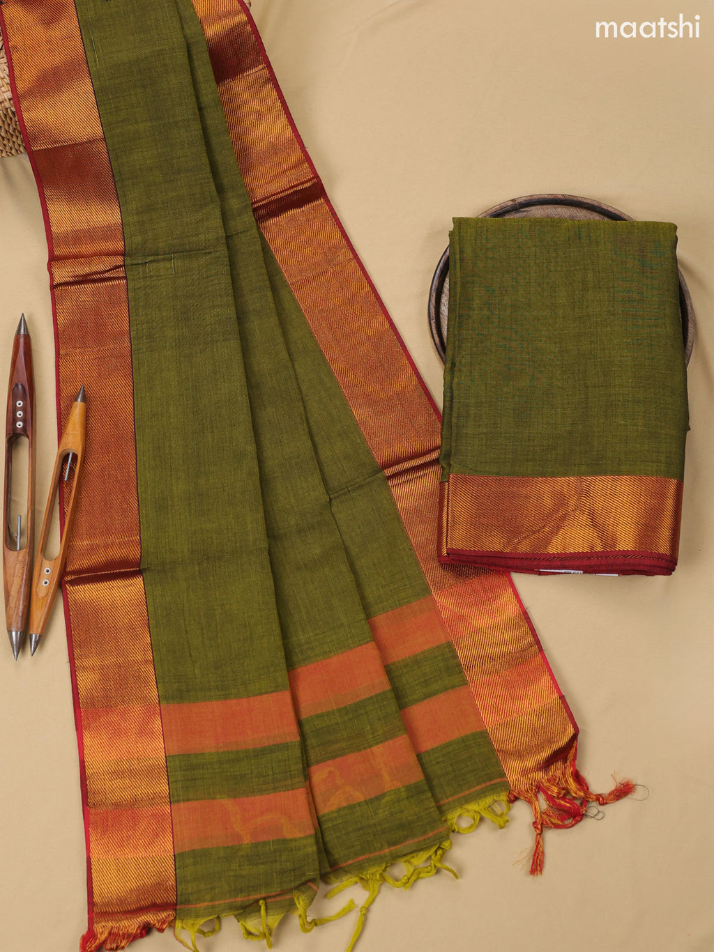 Green Narayanpet Cotton Dress Material With Plain Body & Thread Woven Border