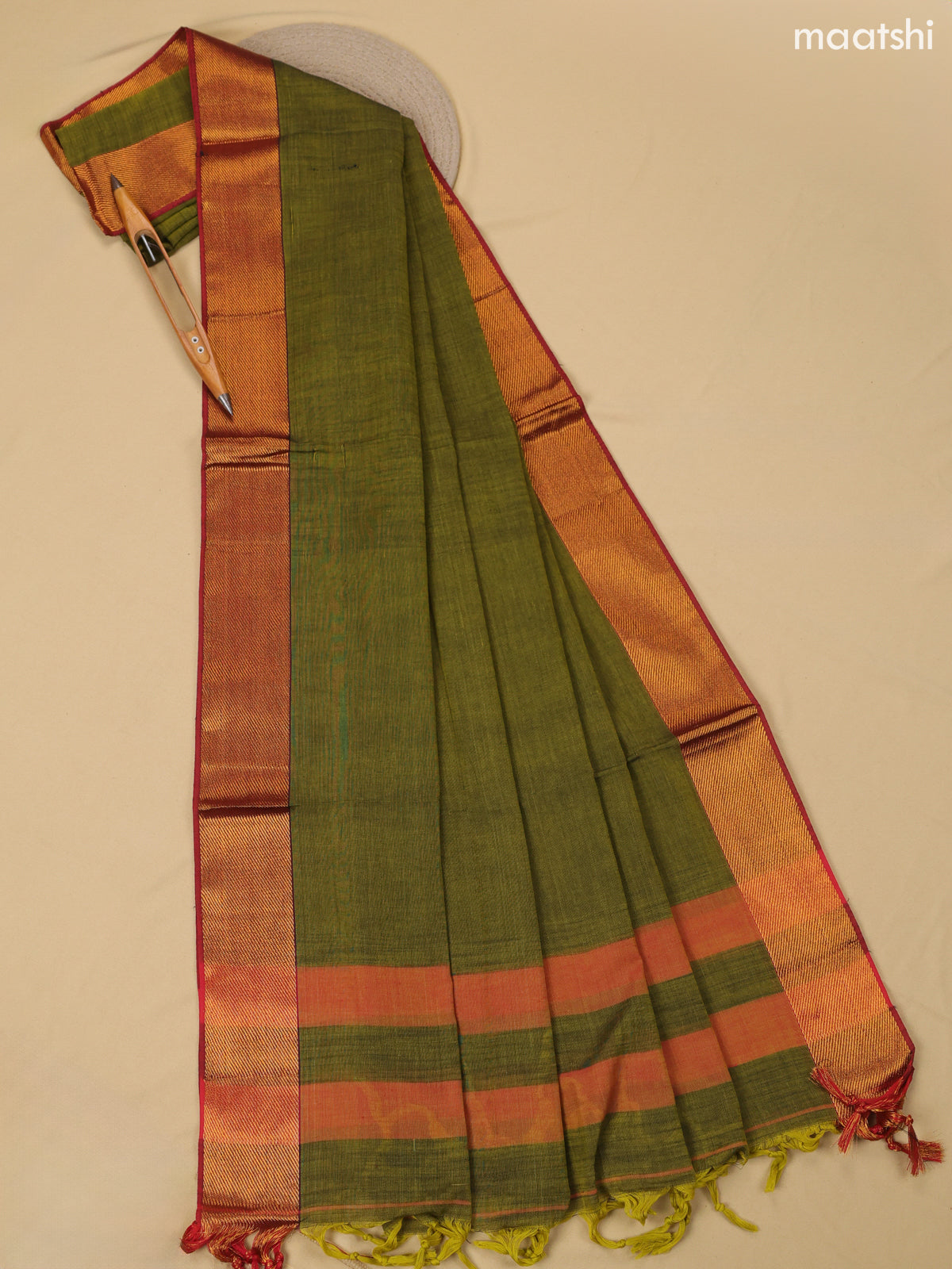 Green Narayanpet Cotton Dress Material With Plain Body & Thread Woven Border