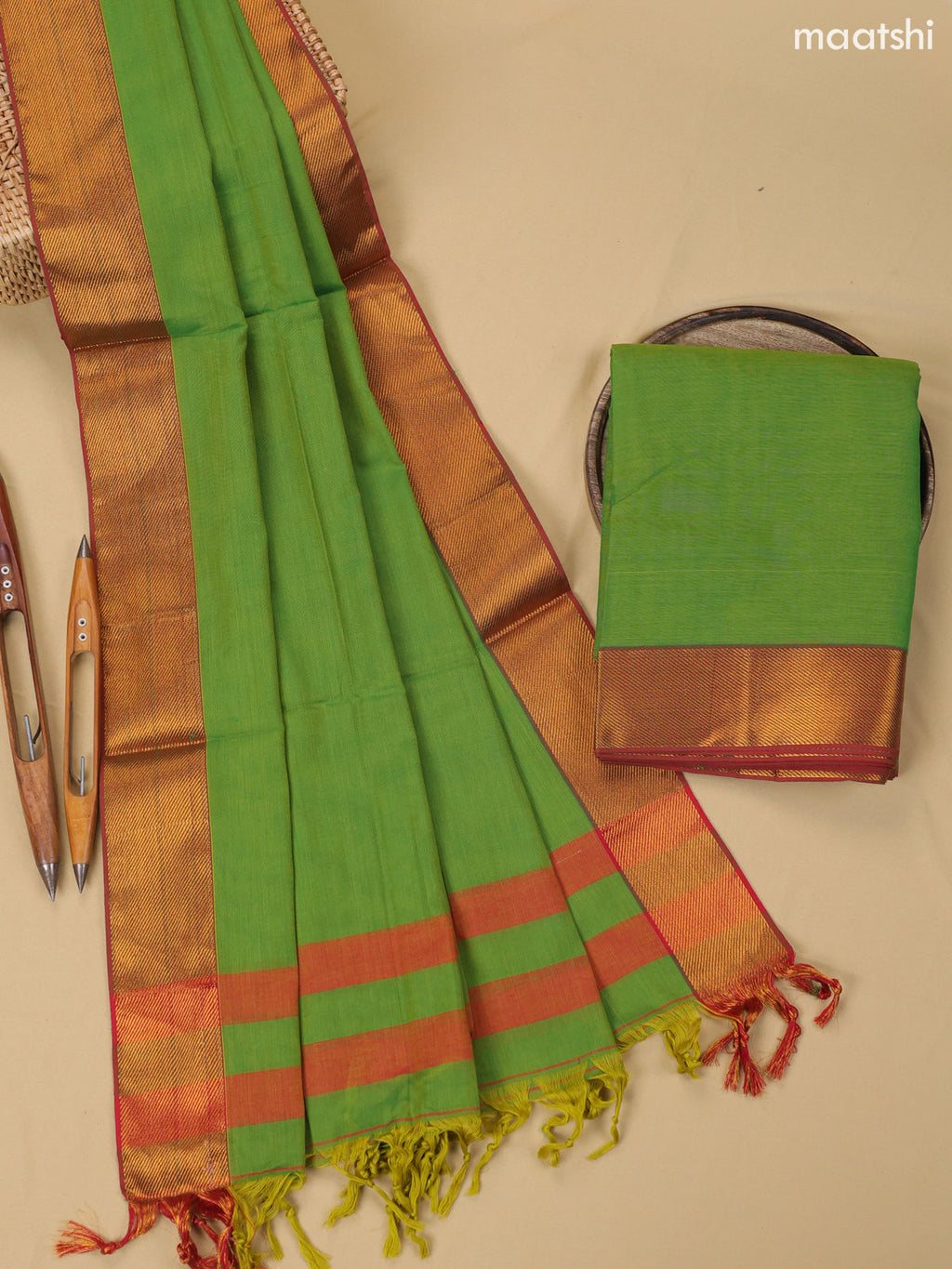 Green Narayanpet Cotton Dress Material With Plain Body & Thread Woven Border
