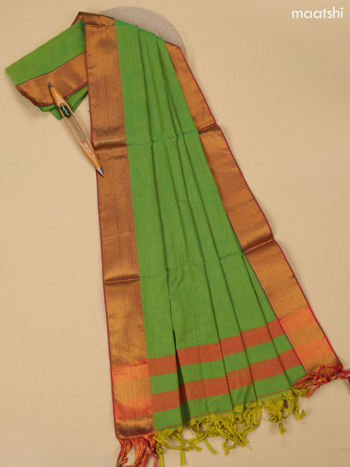 Green Narayanpet Cotton Dress Material With Plain Body & Thread Woven Border