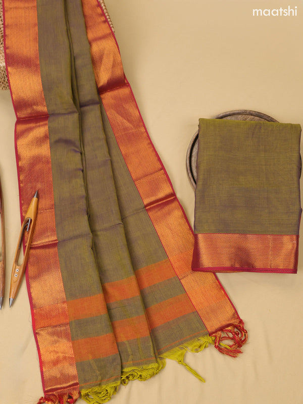 Dual Shade Of Mehandi Green Narayanpet Cotton Dress Material With Plain Body & Thread Woven Border