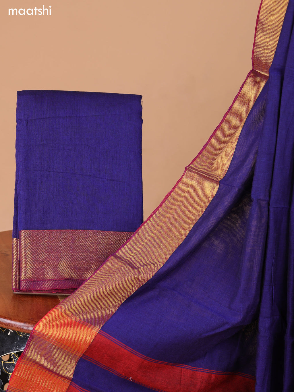 Navy Blue Narayanpet Cotton Dress Material With Plain Body & Thread Woven Border and Running Bottom & Duppata