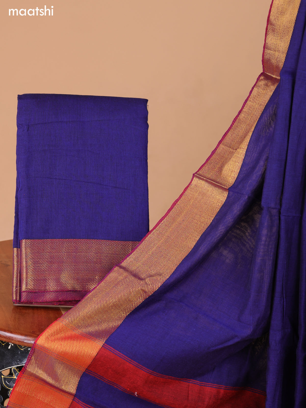 Navy Blue Narayanpet Cotton Dress Material With Plain Body & Thread Woven Border and Running Bottom & Duppata