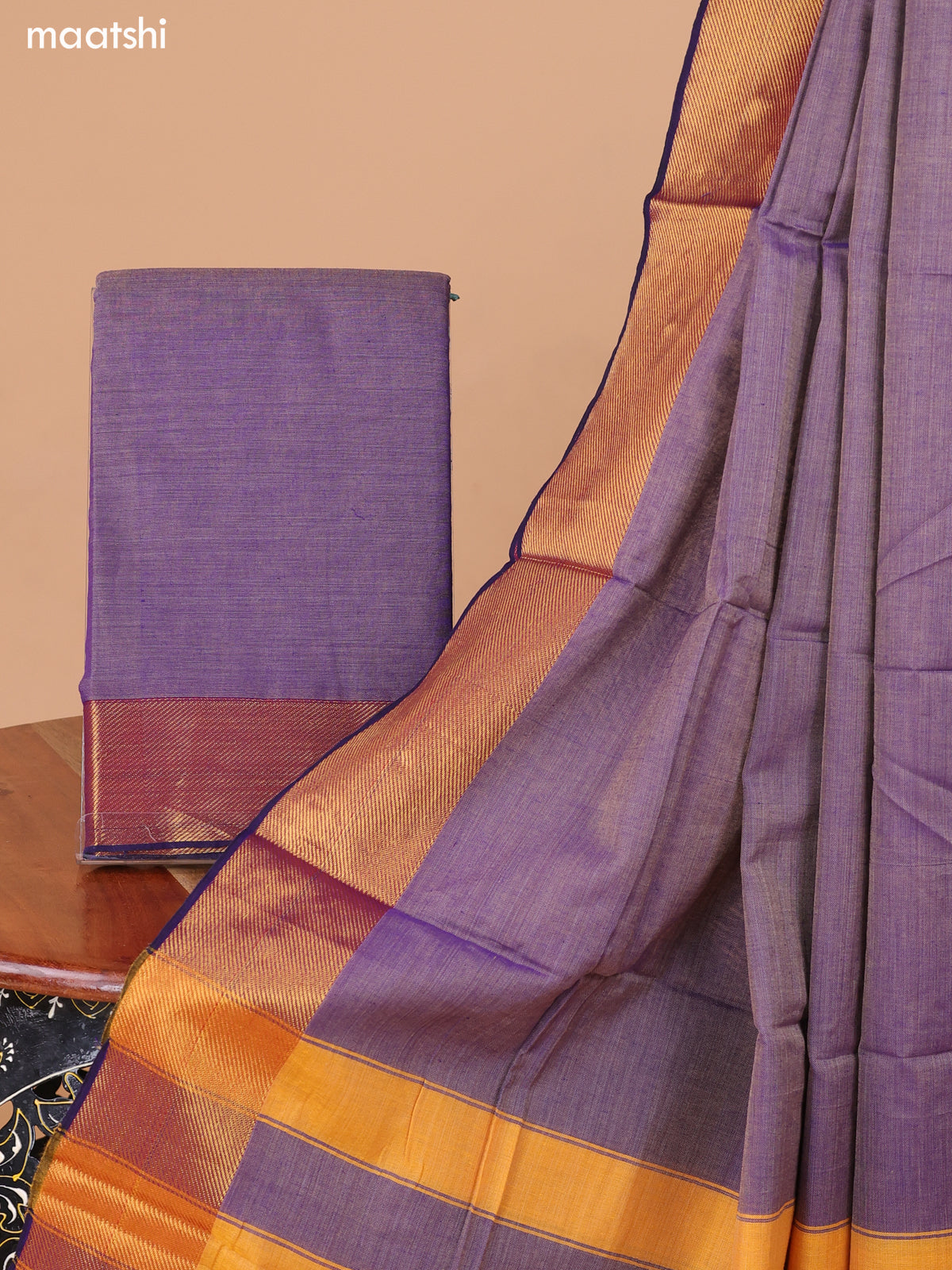 Lavender Narayanpet Cotton Dress Material With Plain Body & Thread Woven Border and Running Bottom & Duppata