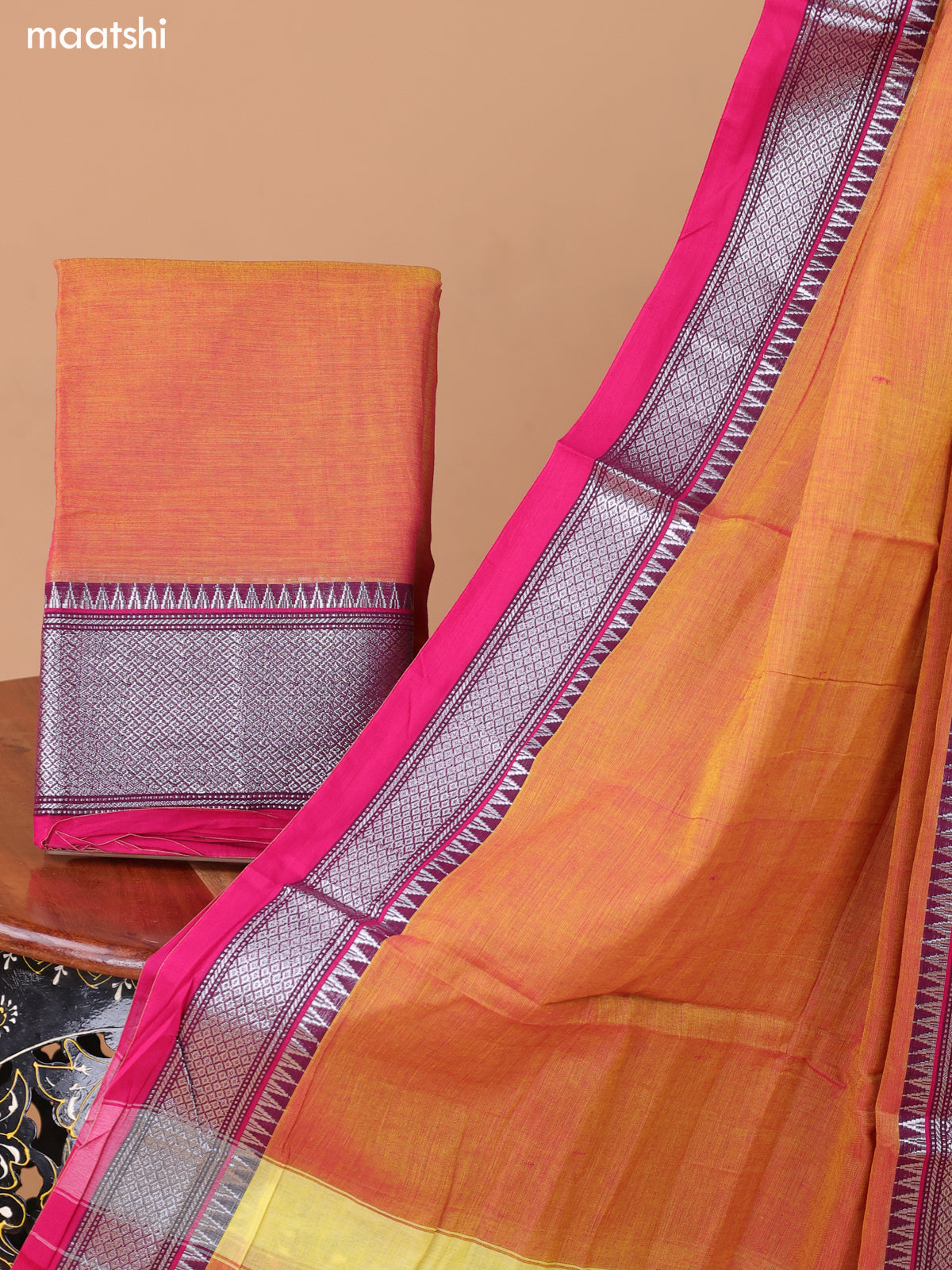 Dual Shade Of Mustard Narayanpet Cotton Dress Material With Plain Body & Silver Zari Woven Border and Running Bottom & Duppata