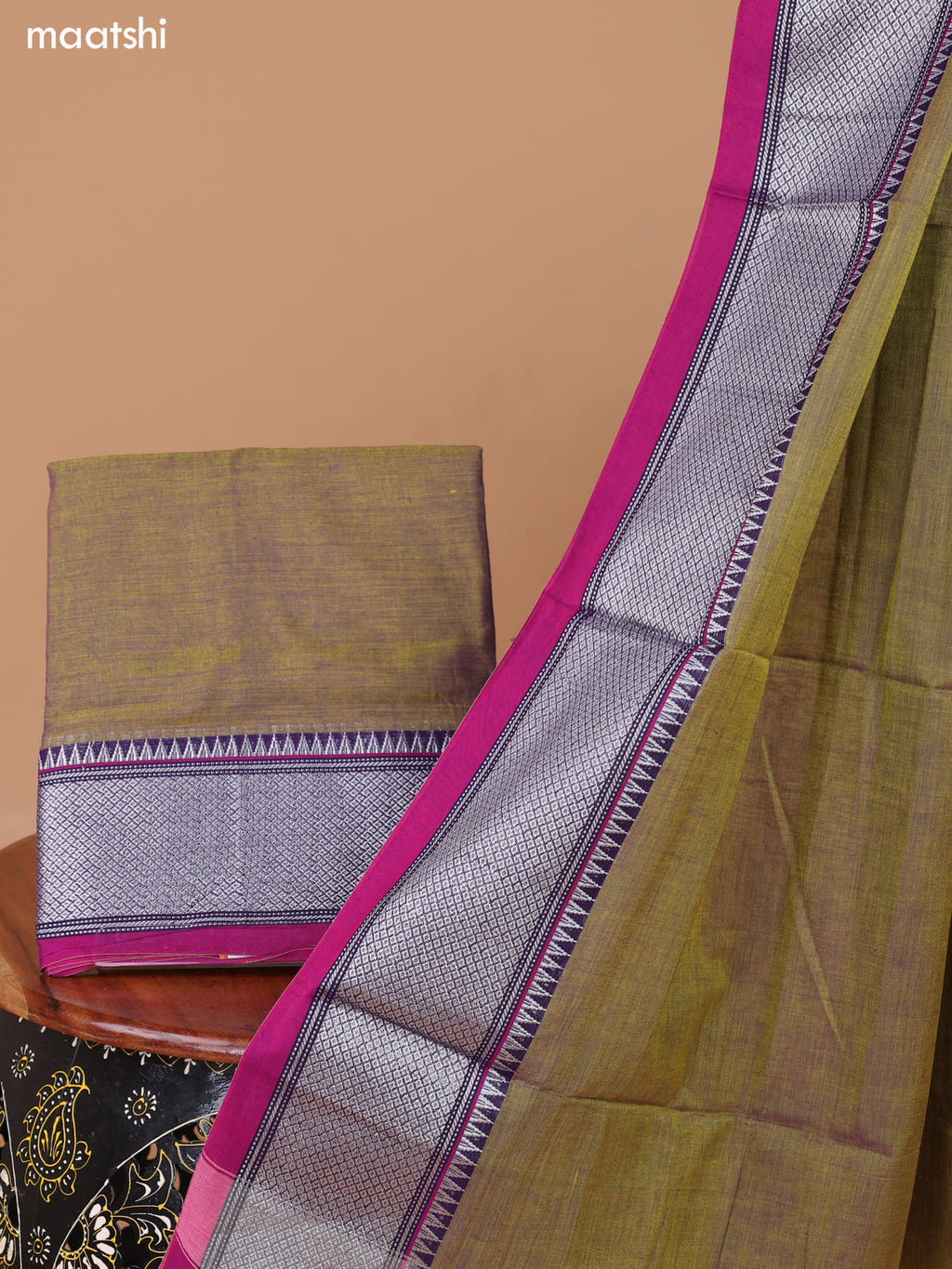 Dual Shade Of Green Narayanpet Cotton Dress Material With Plain Body & Silver Zari Woven Border and Running Bottom & Duppata