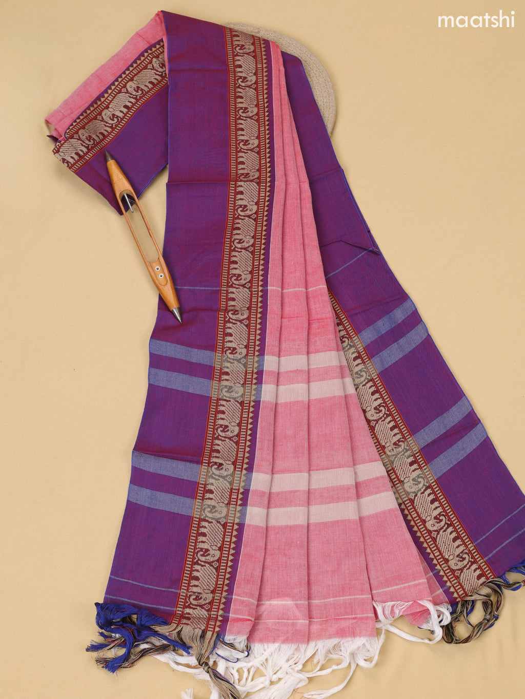 Lotus Pink and Blue Narayanpet Cotton Dress Material With Plain Body & Thread Woven Border