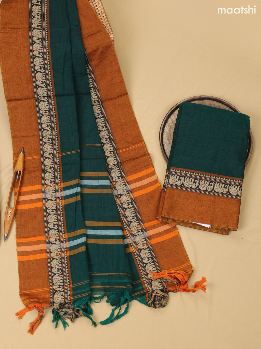 Sap Green and Mustard Yellow Narayanpet Cotton Dress Material With Plain Body & Thread Woven Border