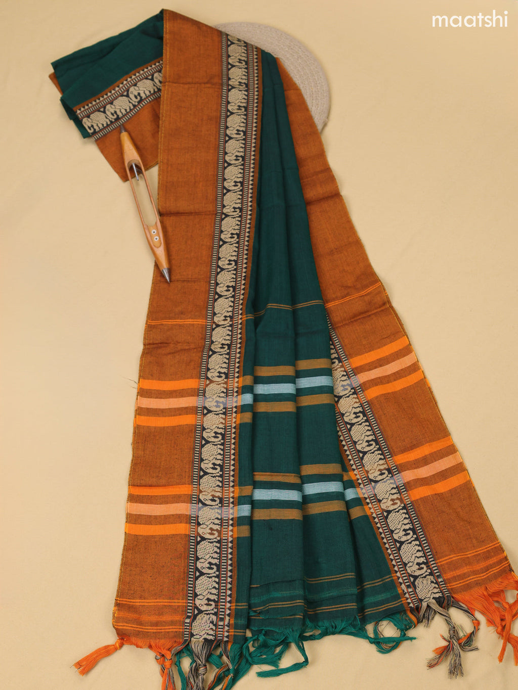 Sap Green and Mustard Yellow Narayanpet Cotton Dress Material With Plain Body & Thread Woven Border