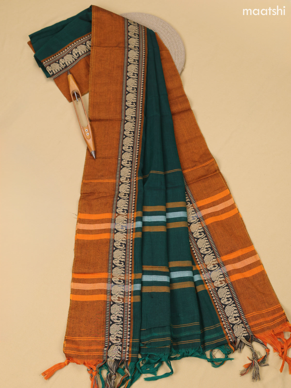 Sap Green and Mustard Yellow Narayanpet Cotton Dress Material With Plain Body & Thread Woven Border