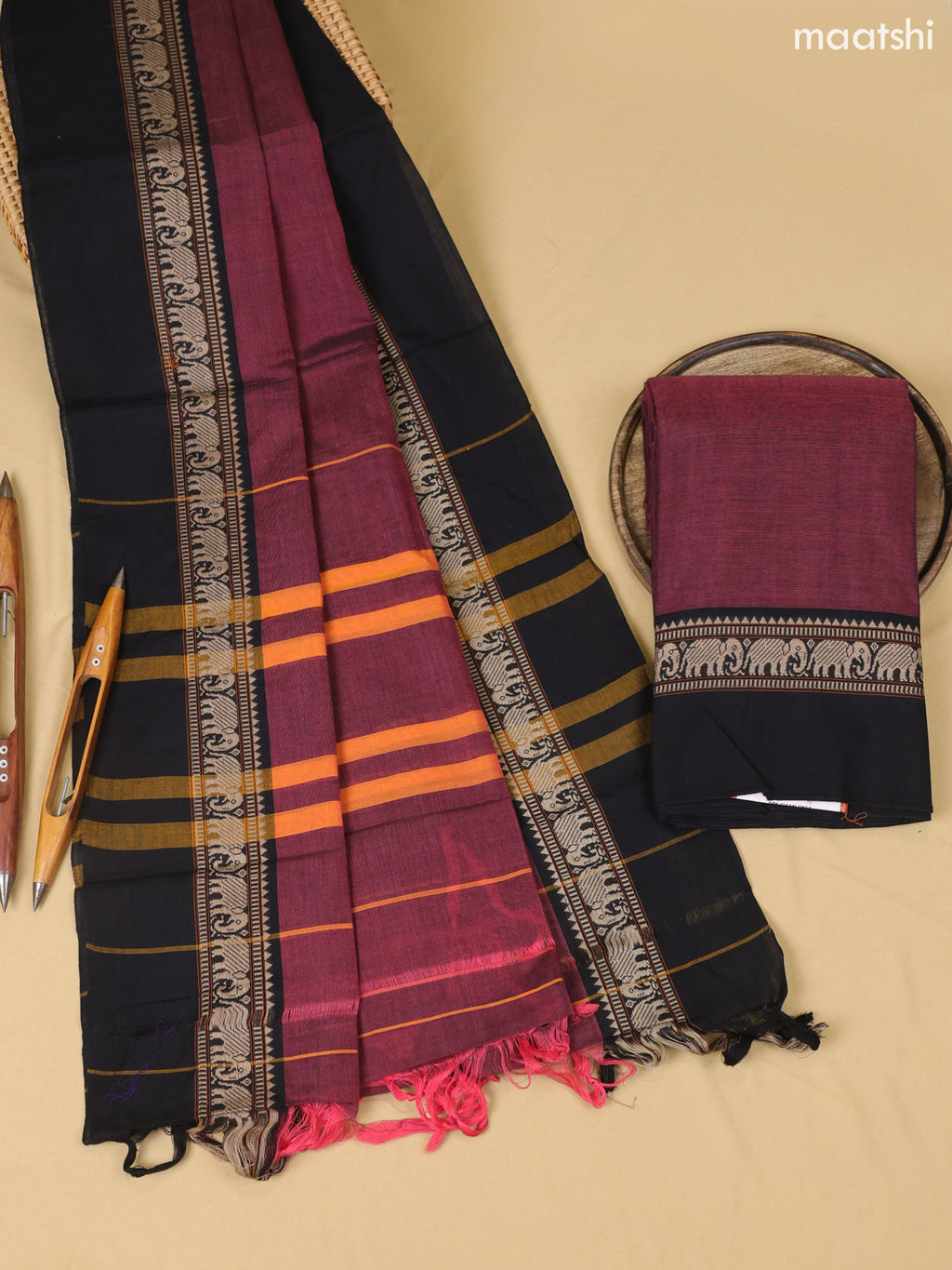 Maroon and Black Narayanpet Cotton Dress Material With Plain Body & Thread Woven Border