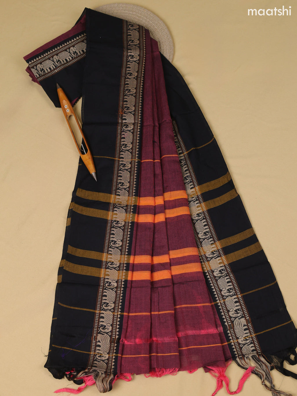 Maroon and Black Narayanpet Cotton Dress Material With Plain Body & Thread Woven Border