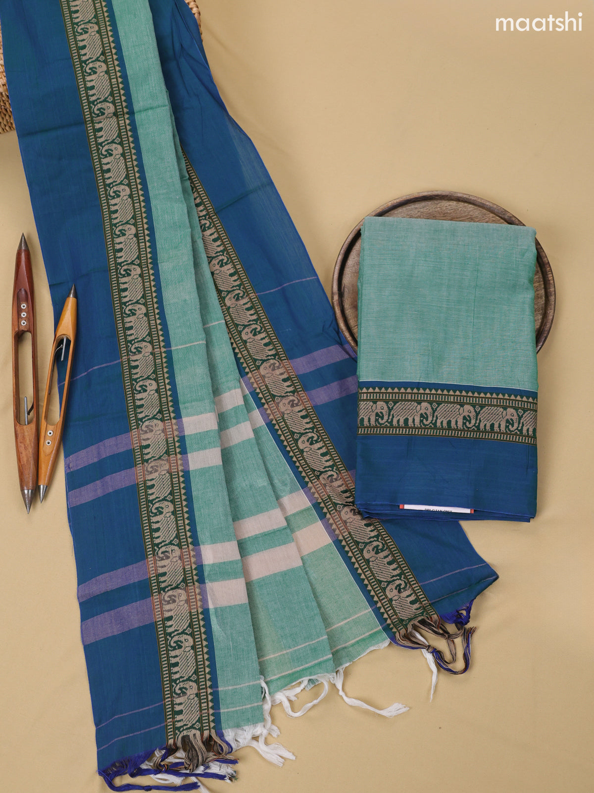 Pastel Green and Blue Narayanpet Cotton Dress Material With Plain Body & Thread Woven Border