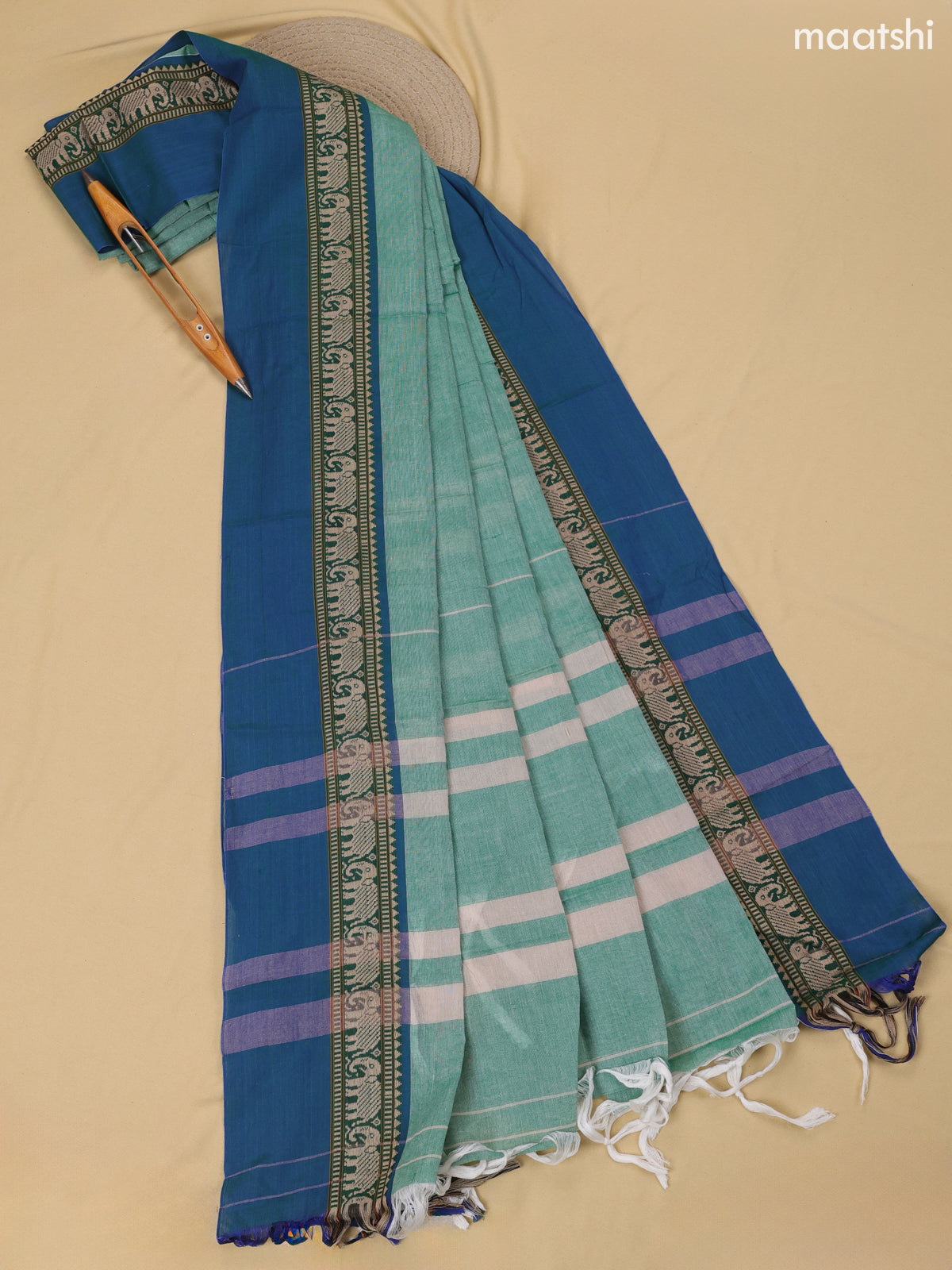 Pastel Green and Blue Narayanpet Cotton Dress Material With Plain Body & Thread Woven Border