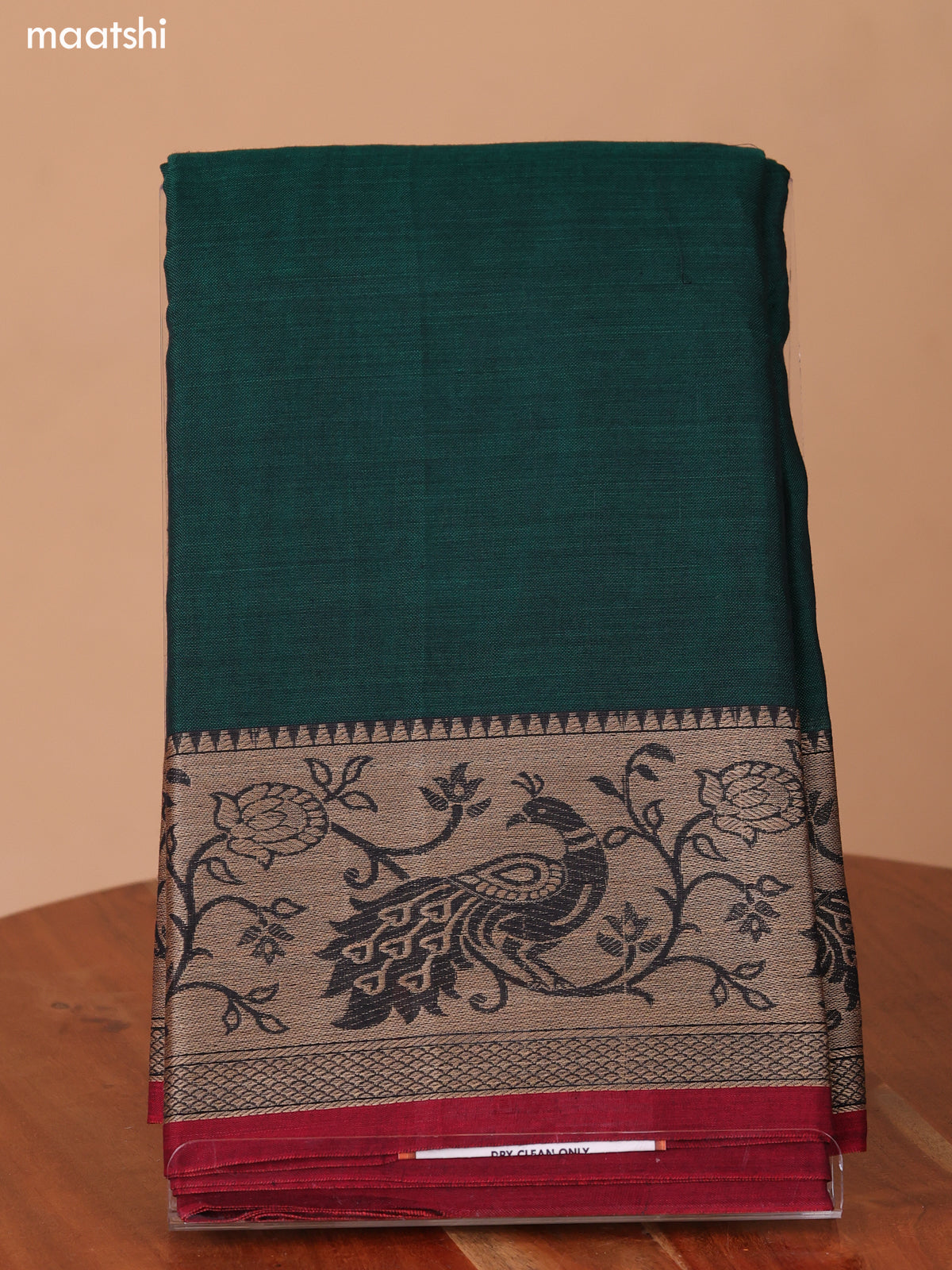 Green and Maroon Narayanpet Cotton Dress Material With Plain Body & Peacock Design Thread Woven Border and Running Bottom & Dupatta