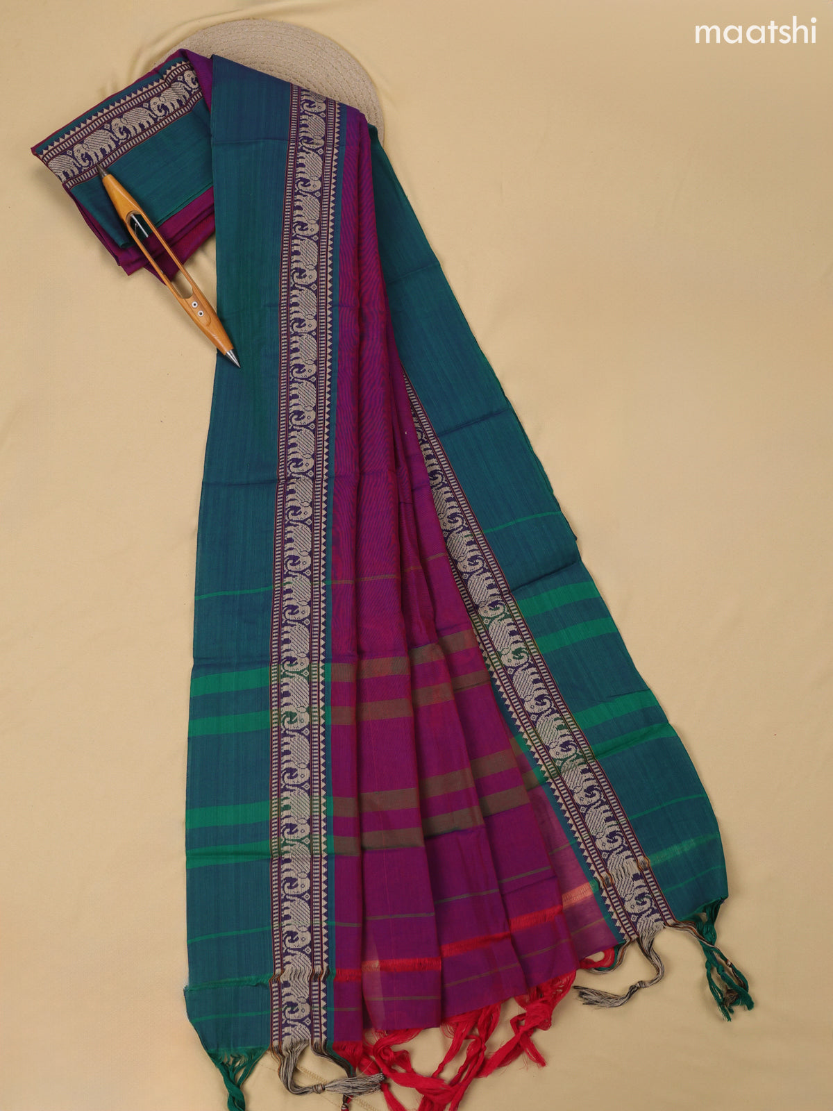 Magenta Pink and Green Narayanpet Cotton Dress Material With Plain Body & Thread Woven Border