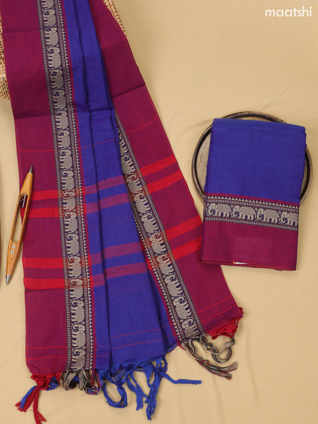 Royal Blue Narayanpet Cotton Dress Material With Plain Body & Thread Woven Border