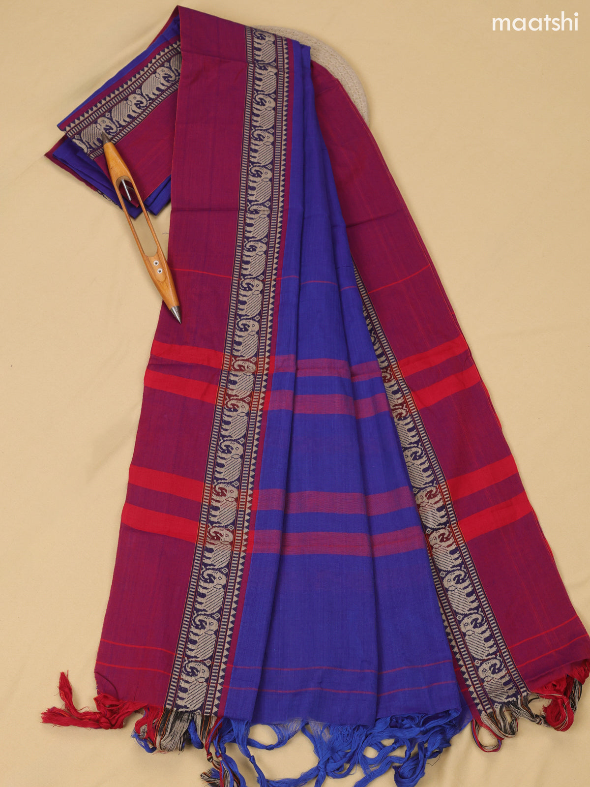 Royal Blue Narayanpet Cotton Dress Material With Plain Body & Thread Woven Border