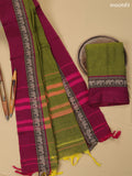 Green and Magenta Pink Narayanpet Cotton Dress Material With Plain Body & Thread Woven Border