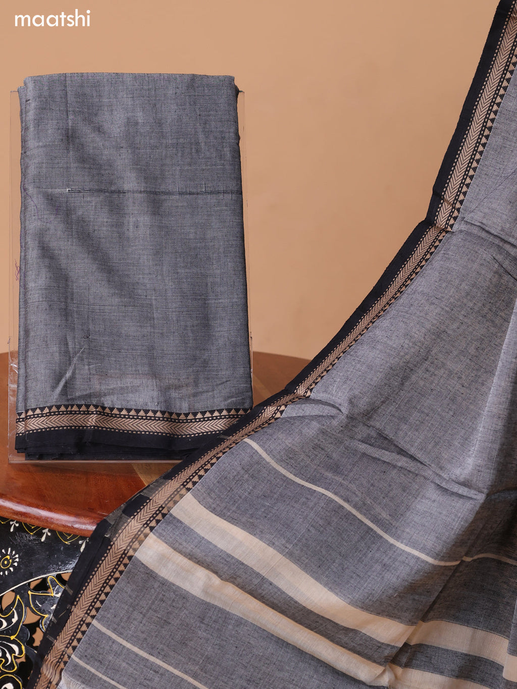Greyish Blue Narayanpet Cotton Dress Material With Plain Body & Thread Woven Border and Running Bottom & Duppata