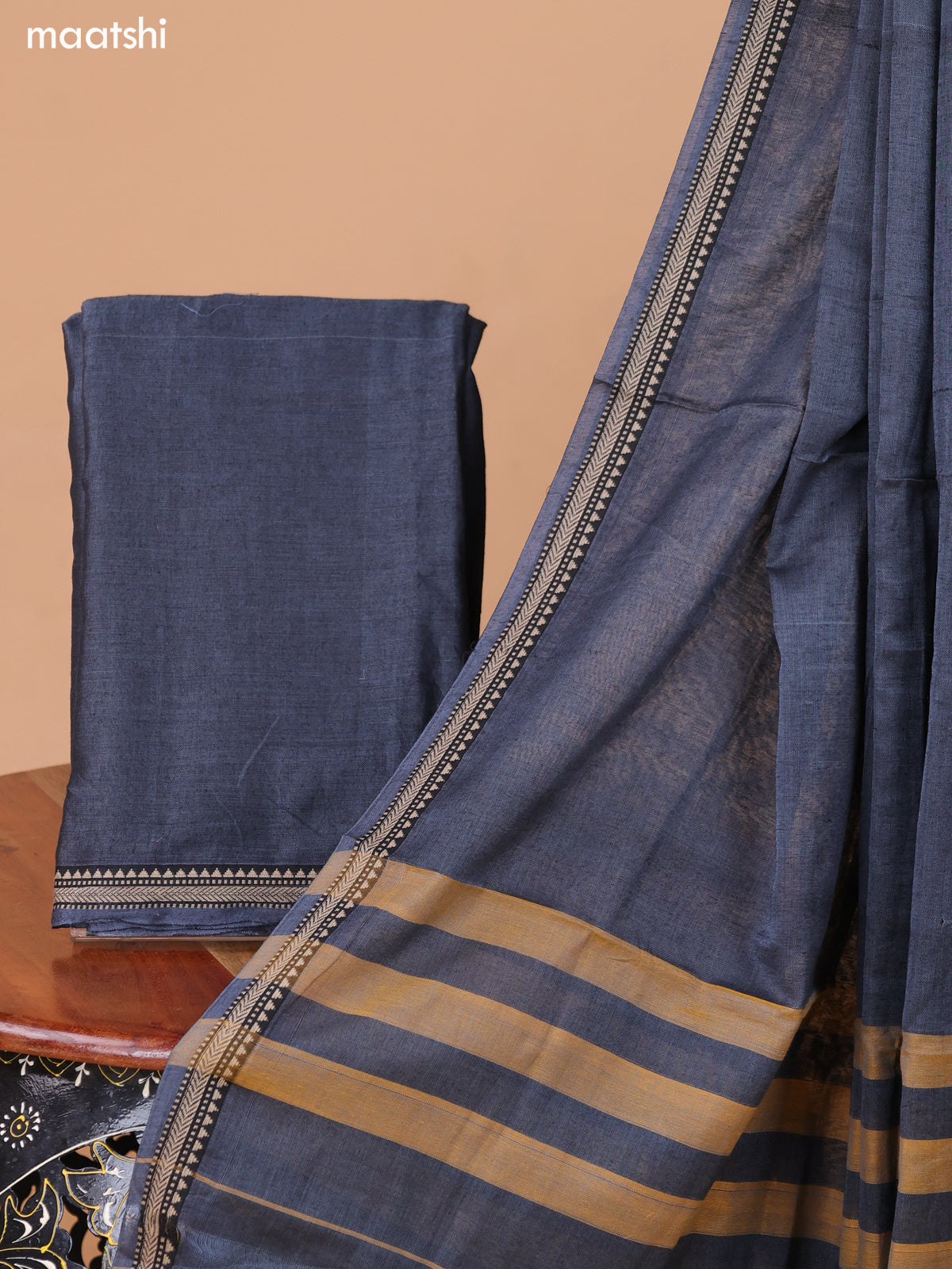 Dark Grey Narayanpet Cotton Dress Material With Plain Body & Thread Woven Border and Running Bottom & Duppata