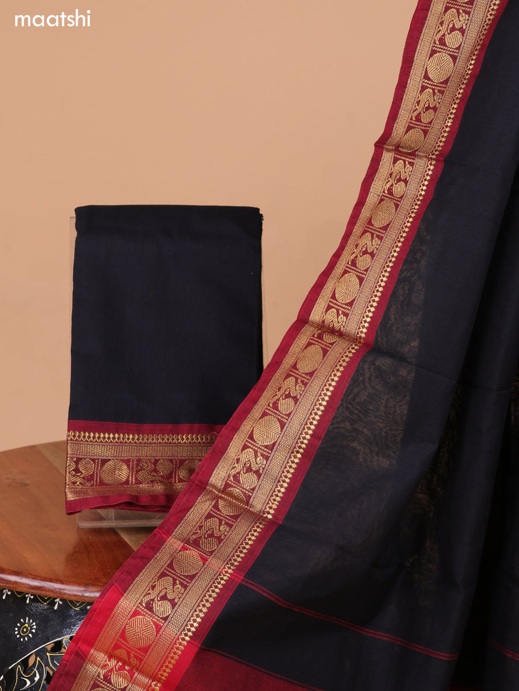 Black and Maroon Narayanpet Cotton Dress Material With Plain Body & Thread Woven Border and Running Bottom & Duppata