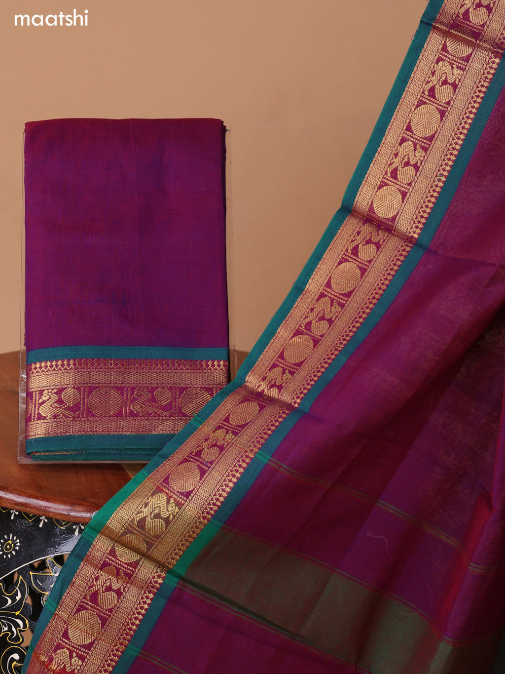 Dual Shade Of Purple Narayanpet Cotton Dress Material With Plain Body & Thread Woven Border and Running Bottom & Duppata
