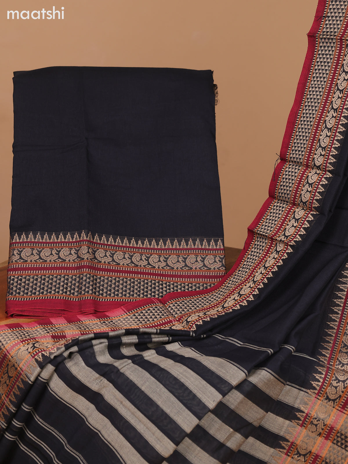 Black and Maroon Narayanpet Cotton Dress Material With Plain Body & Thread Woven Border and Running Bottom & Dupatta