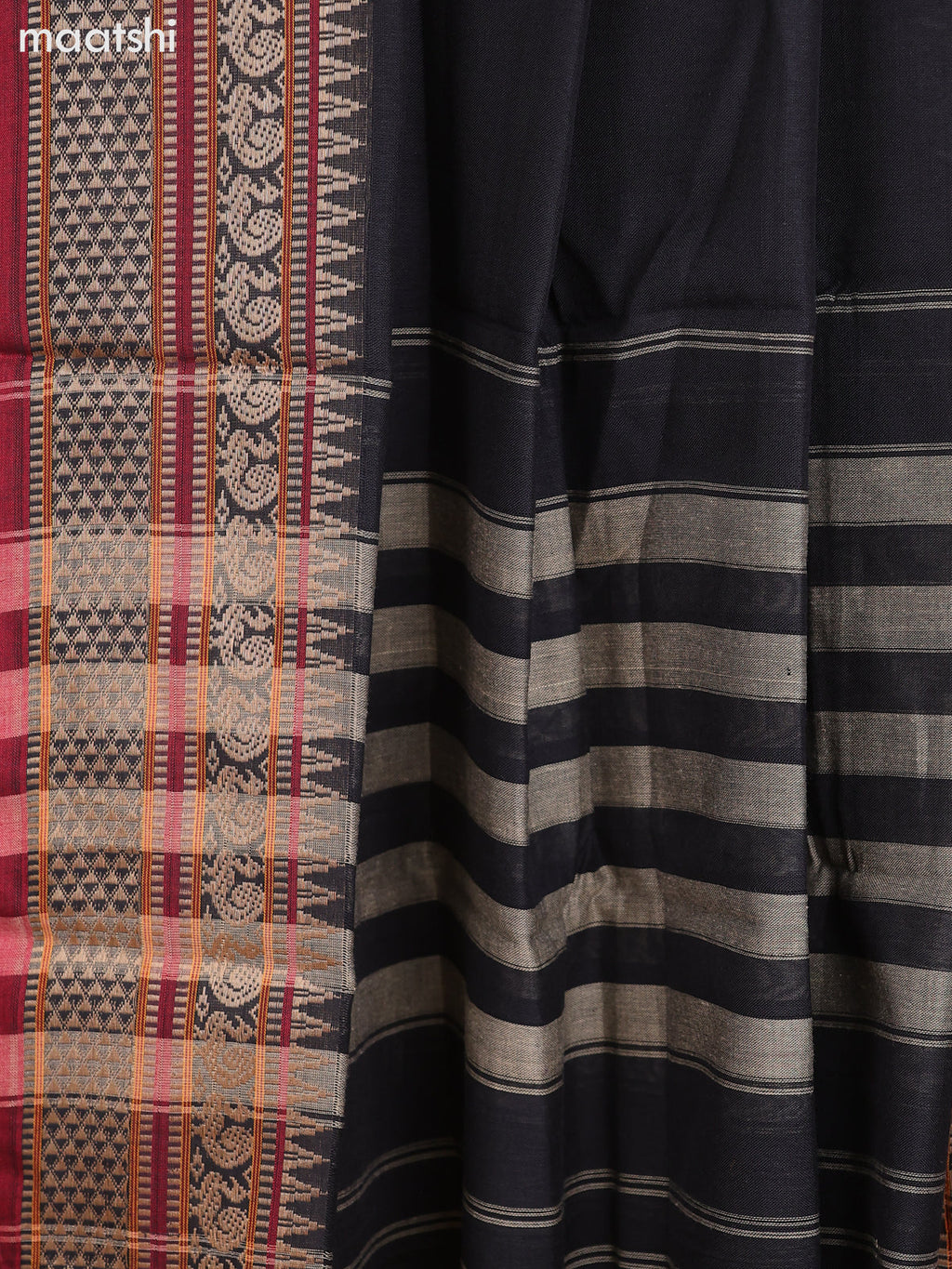 Black and Maroon Narayanpet Cotton Dress Material With Plain Body & Thread Woven Border and Running Bottom & Dupatta