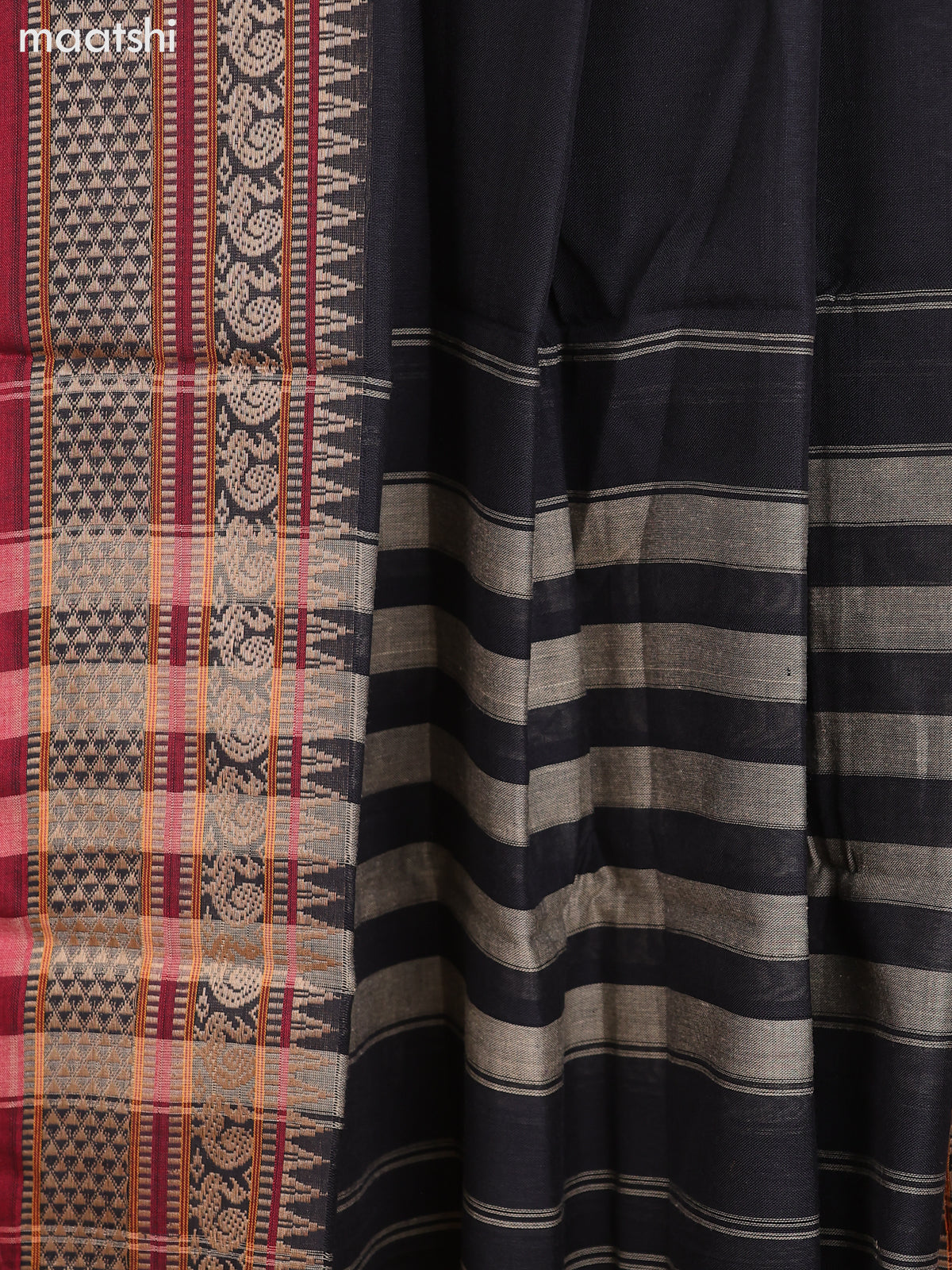 Black and Maroon Narayanpet Cotton Dress Material With Plain Body & Thread Woven Border and Running Bottom & Dupatta