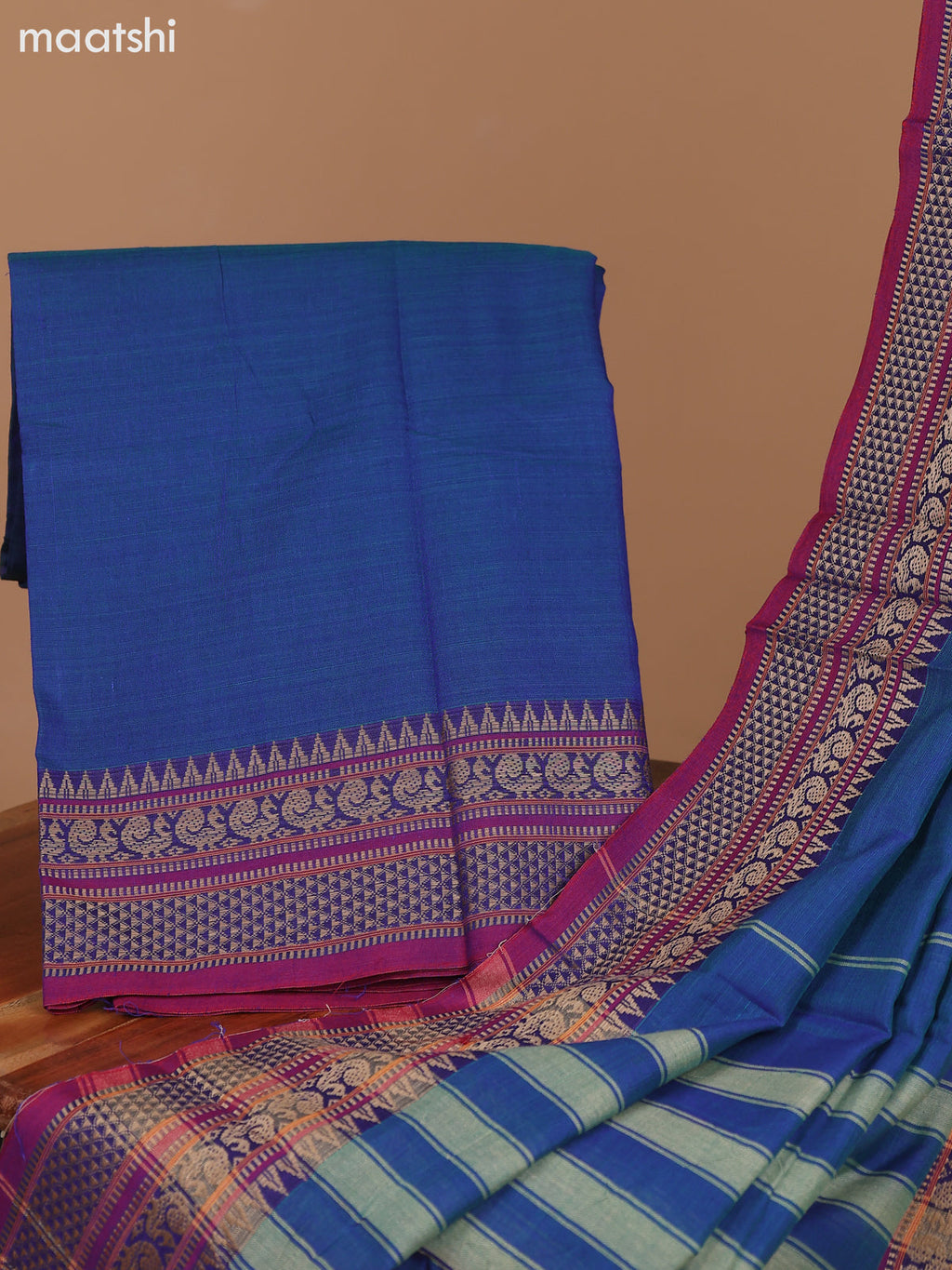 Dual Shade Of Peacock Blue and Magenta Pink Narayanpet Cotton Dress Material With Plain Body & Thread Woven Border and Running Bottom & Dupatta