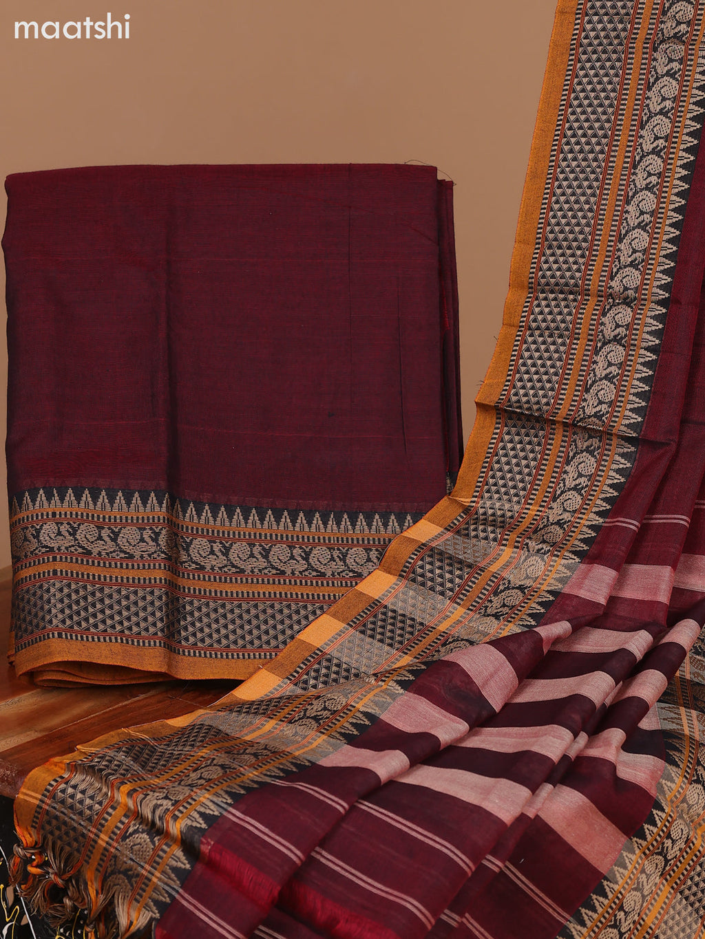 Maroon and Mustard Narayanpet Cotton Dress Material With Plain Body & Thread Woven Border and Running Bottom & Dupatta